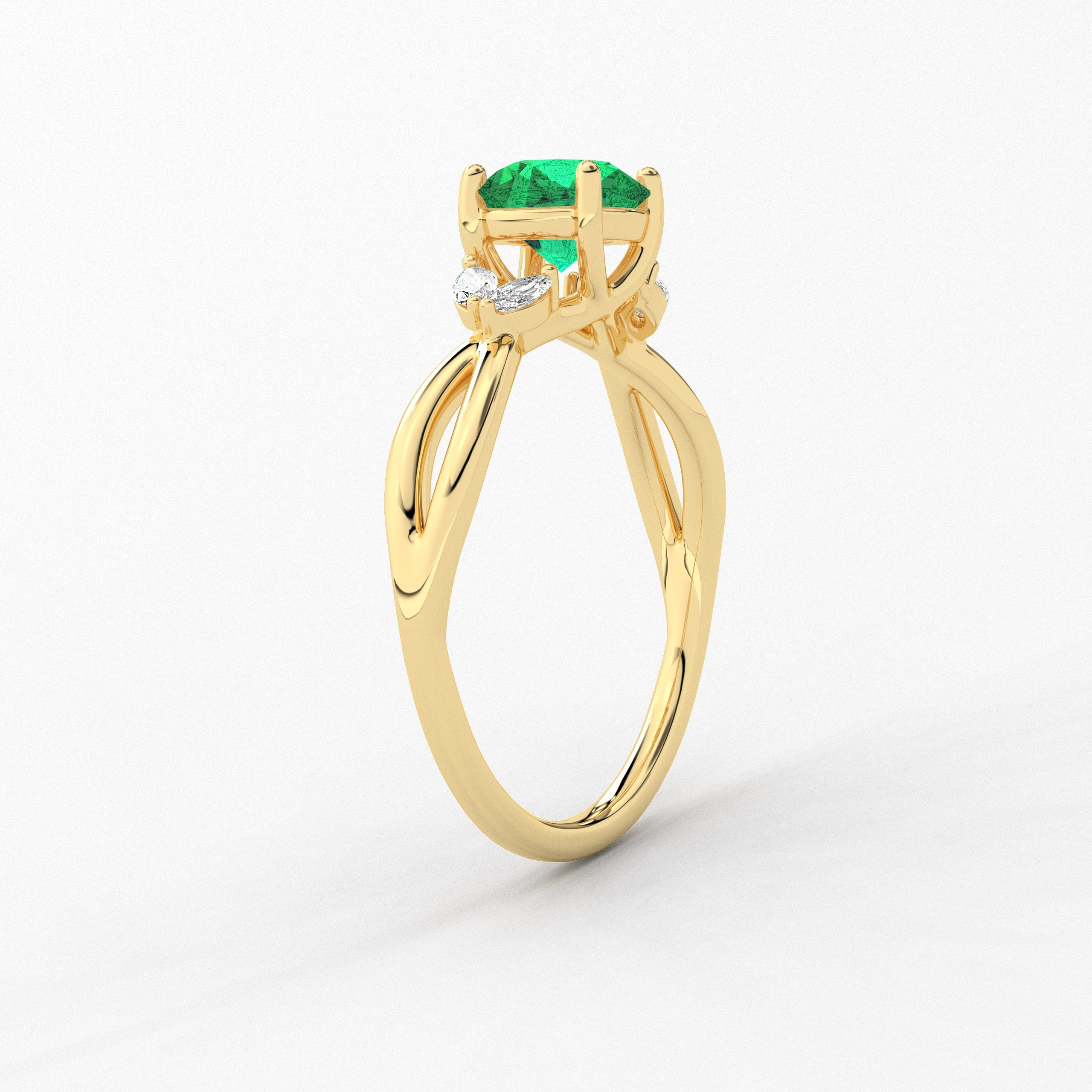 Yellow Gold Round Cut Green Emerald Lab Grown  Diamond Nature Inspired Ring 