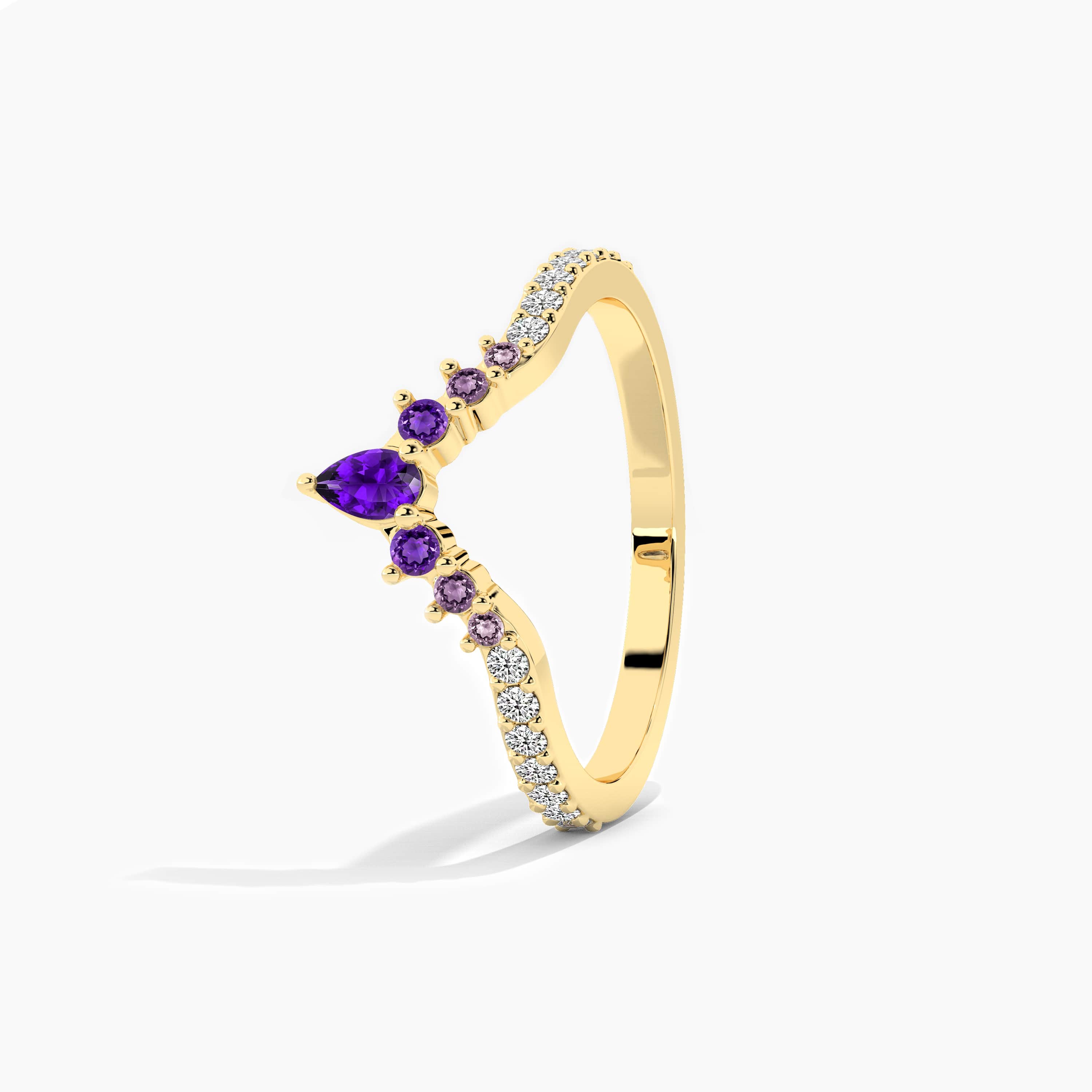  Amethyst and Diamond Curved Ring In Yellow Gold