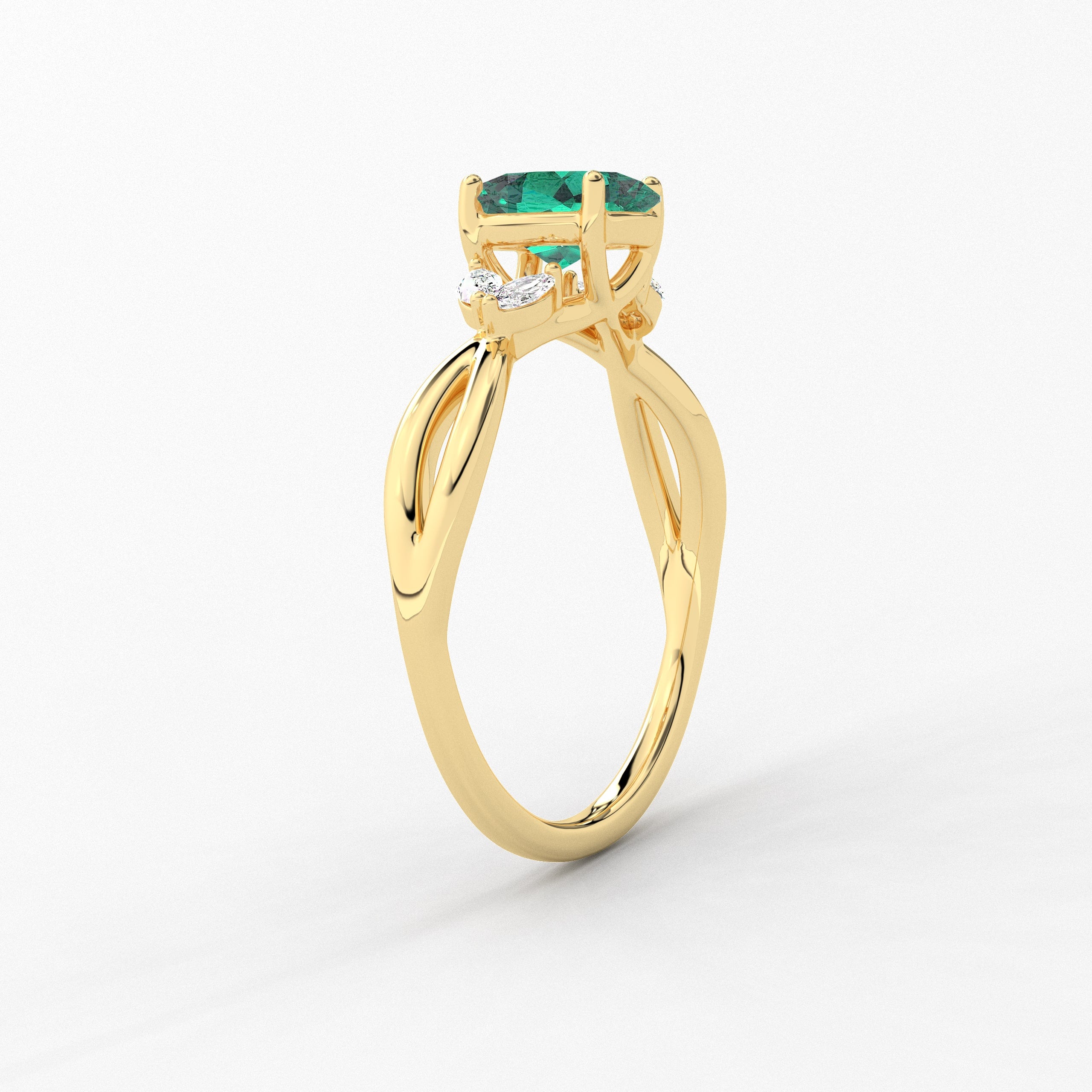 Oval Cut Green Lab Emerald Ring, Unique Nature Inspired Engagement ring in yellow gold