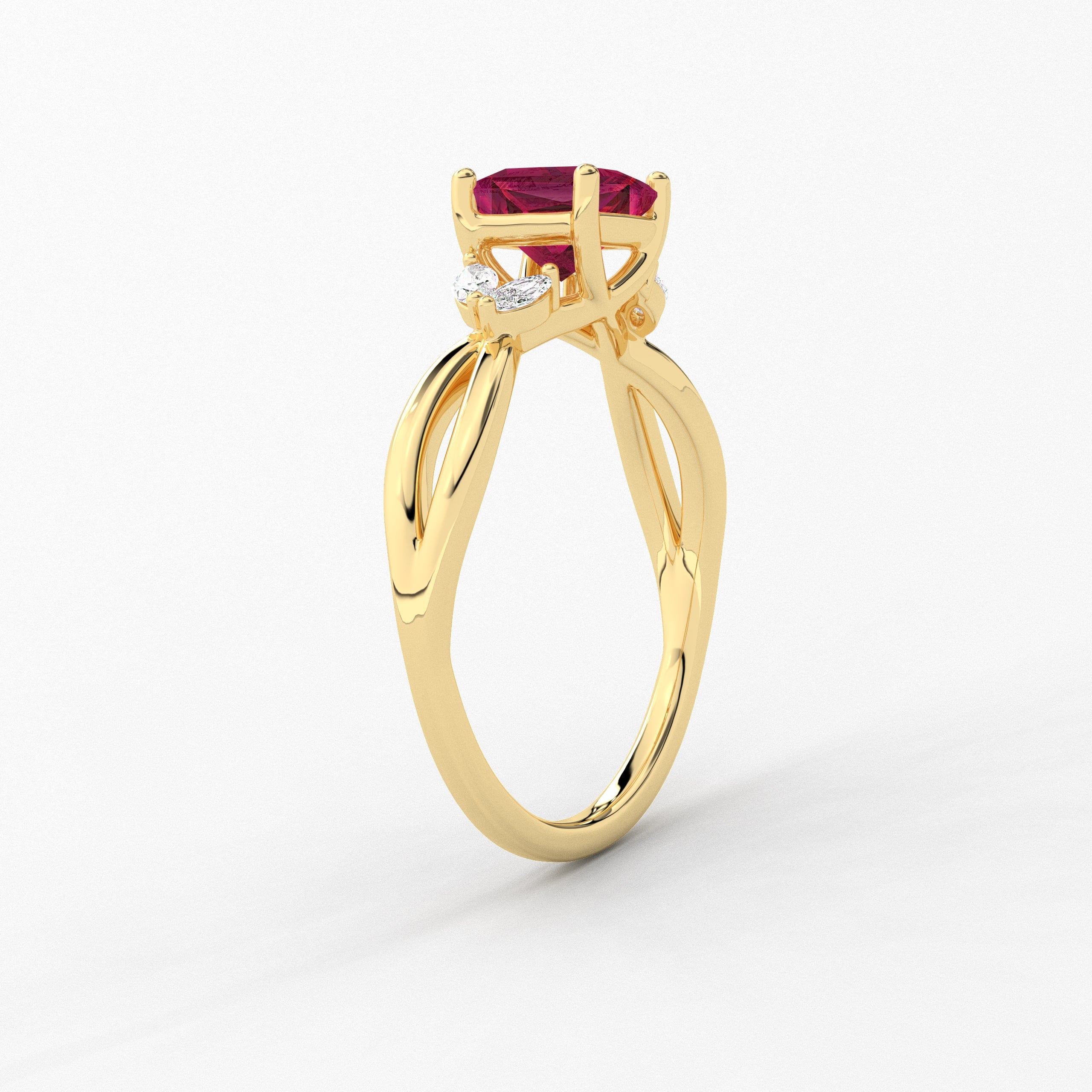 Pear Cut Ruby Moissanite Diamond Engagement Ring In Nature Inspired Ring In Yellow Gold 