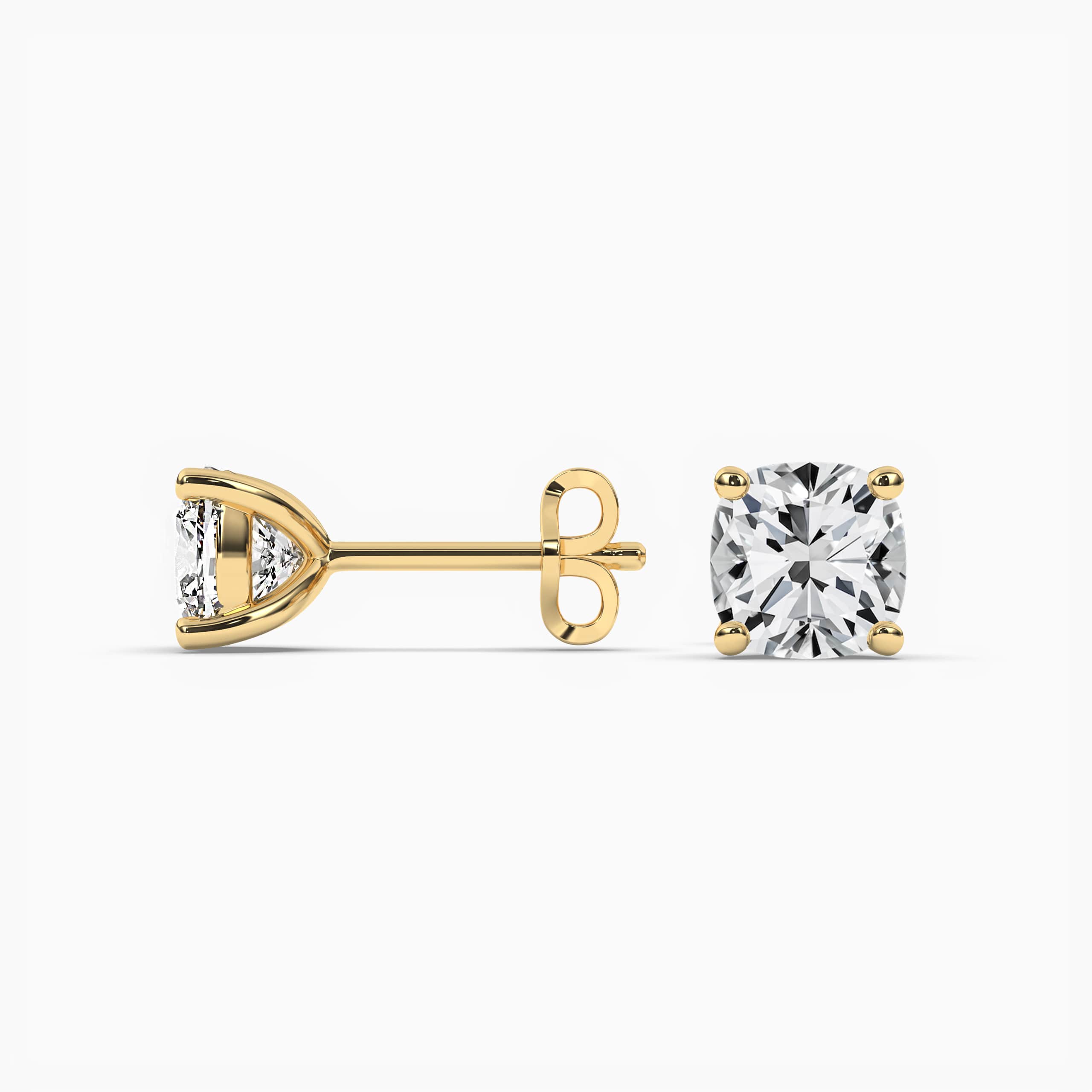 Cushion Cut Solitaire Diamond Stud Earrings in Yellow Gold