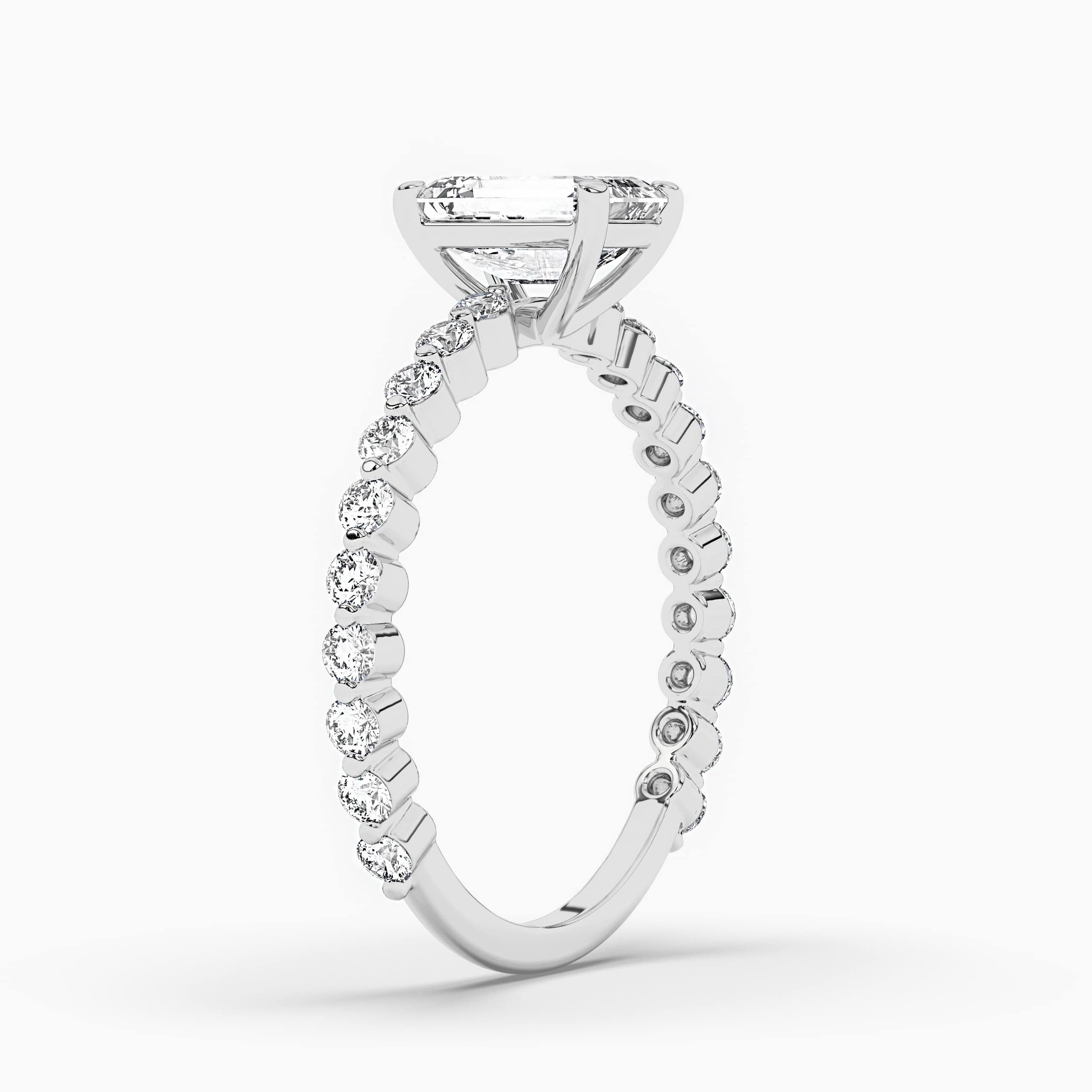 Emerald Cut Moissanite Halo Engagement Rings with White Diamond in White Gold