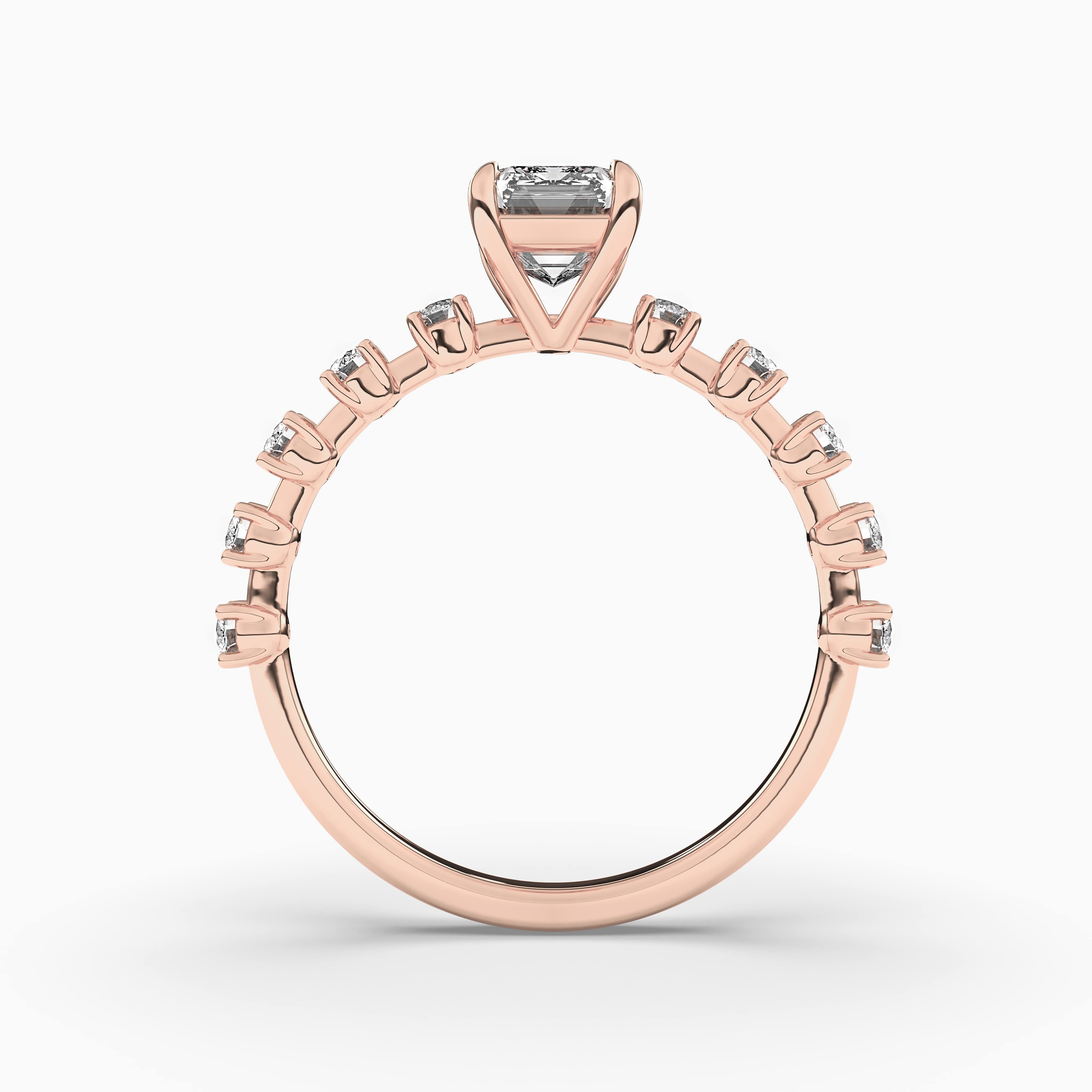 Rose Gold Emerald Cut Solitaire Engagement Ring with Pave Diamonds