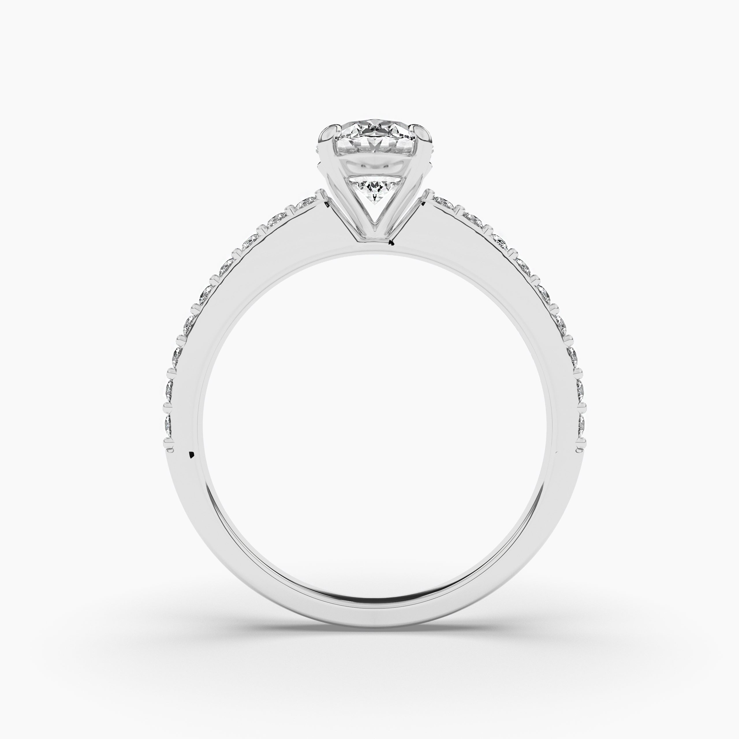 White Gold Oval Pave Solitaire Engagement Ring with Side Diamond