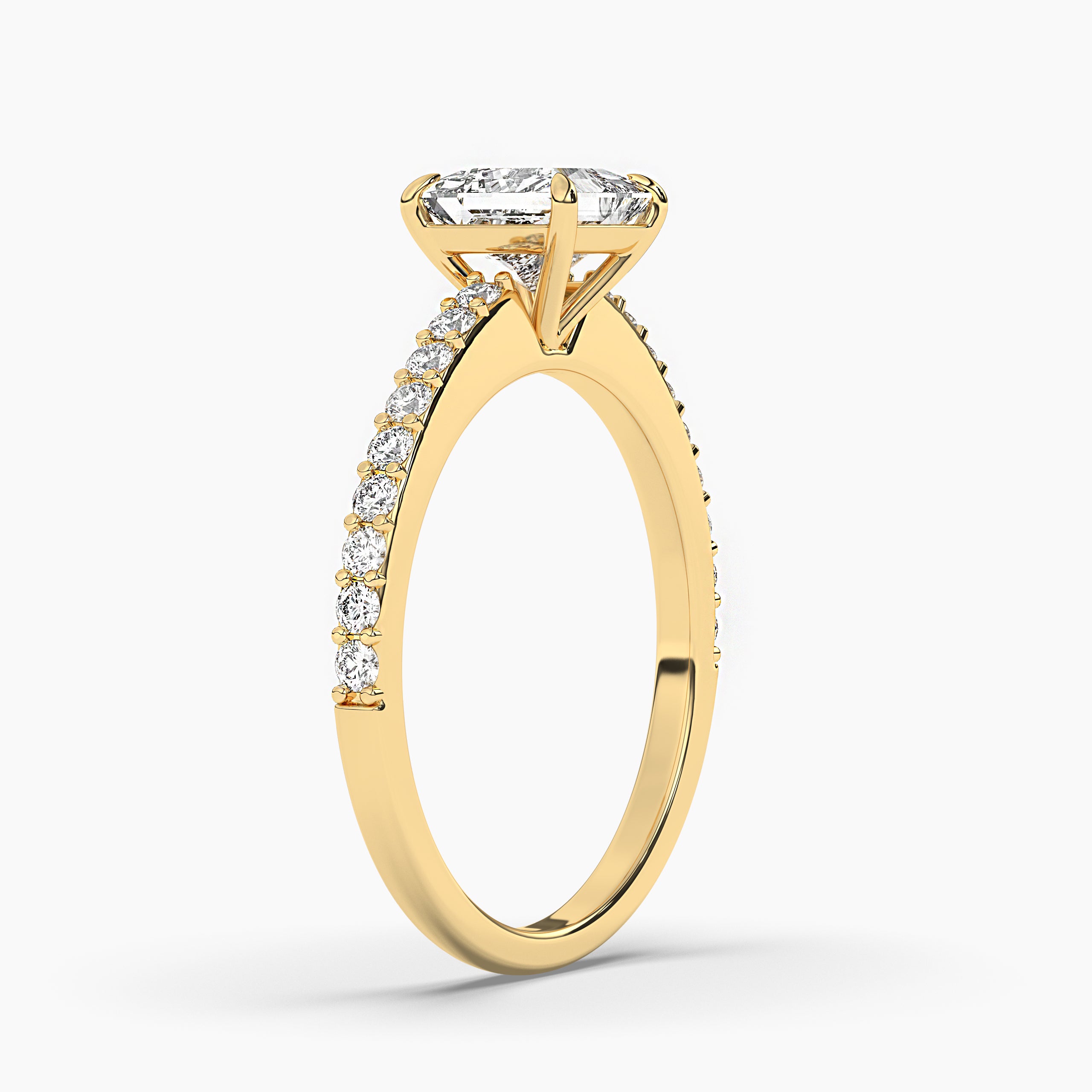 Yellow Gold Princess Cut Solitaire Engagement Ring with Pave Diamonds