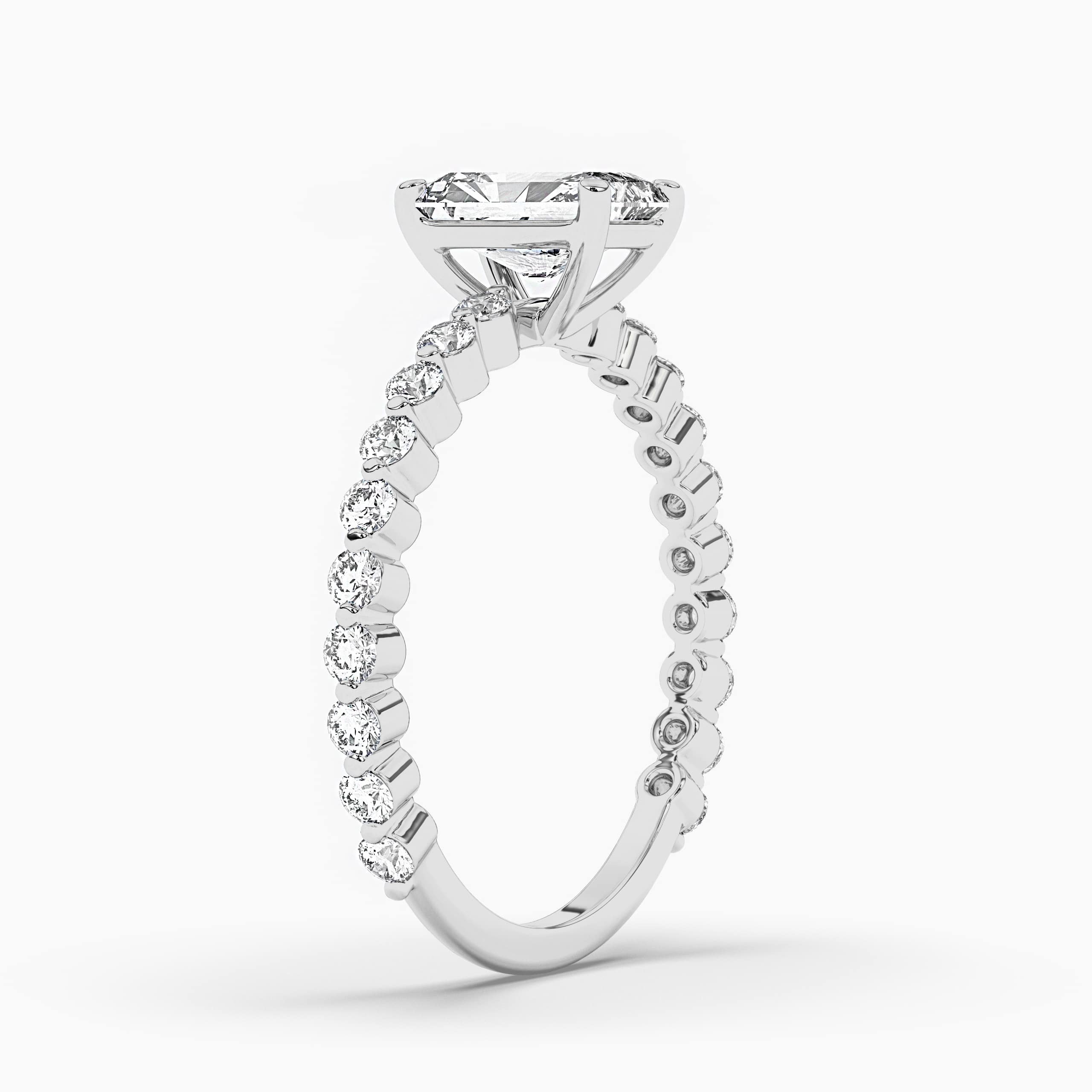 Round  Side Stone Radiant Cut Engagement Ring In White Gold