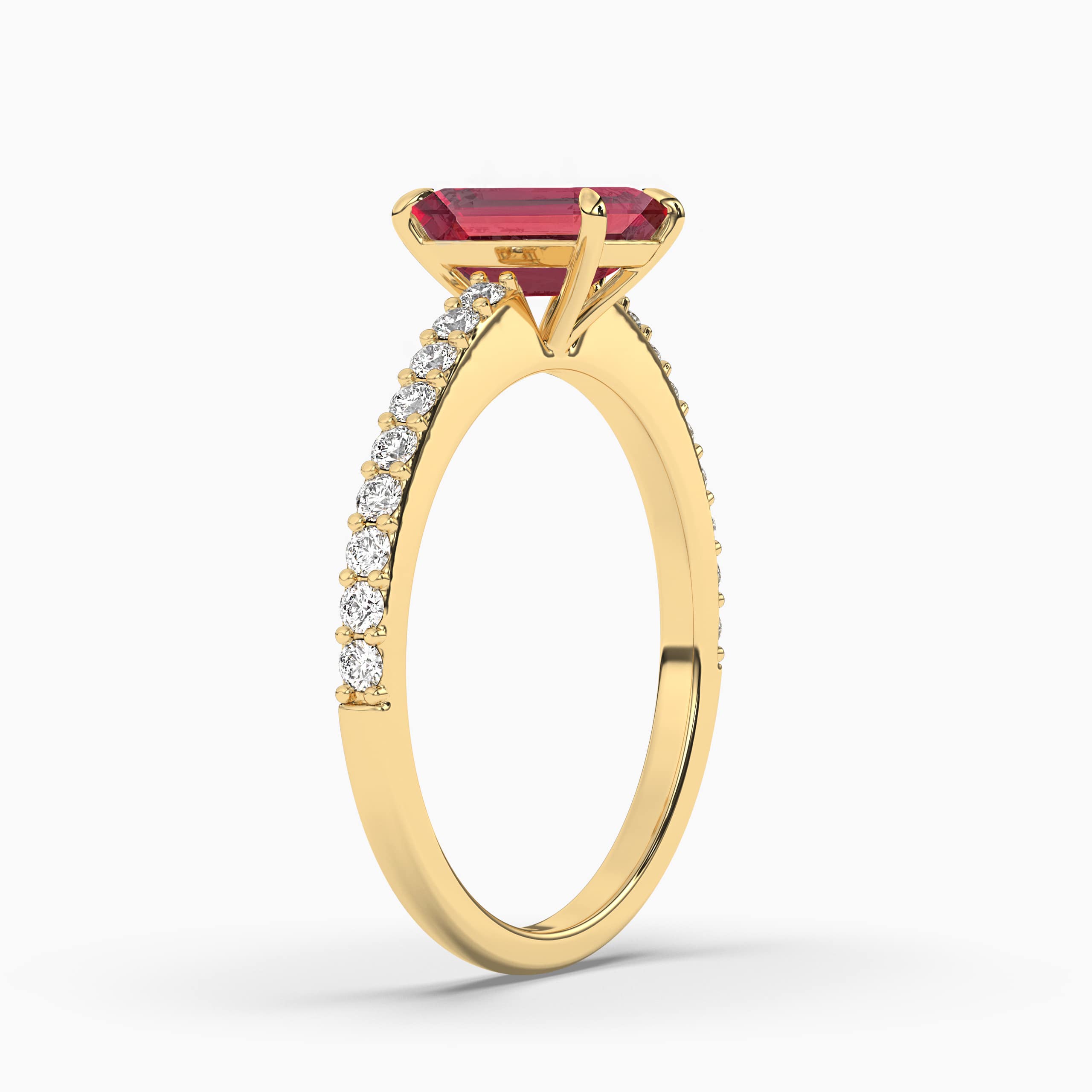 EMERALD-CUT RUBY & DIAMOND ENGAGEMENT RING YELLOW GOLD