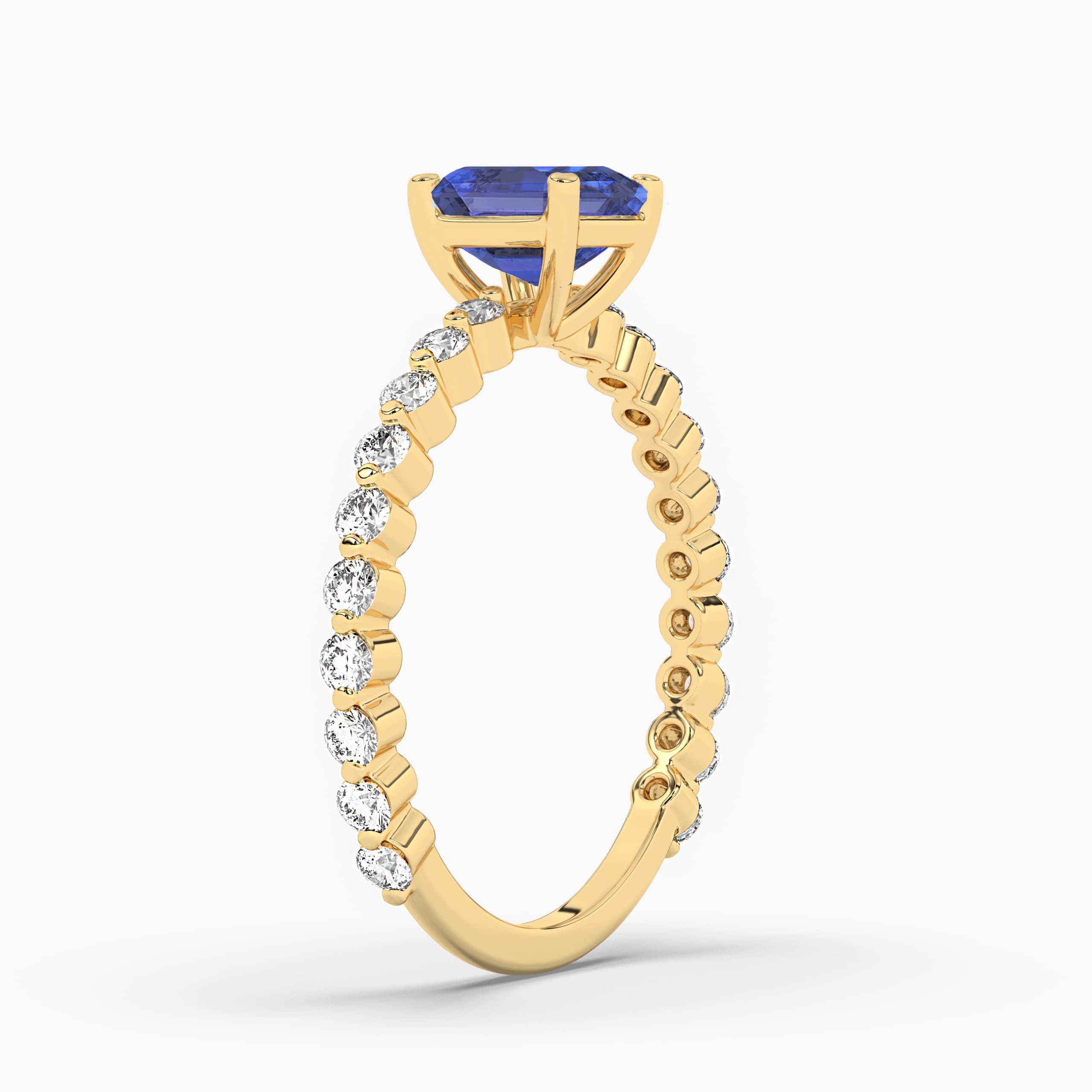 Blue Sapphire Asscher Cut Yellow Gold Side Stone Engagement Ring