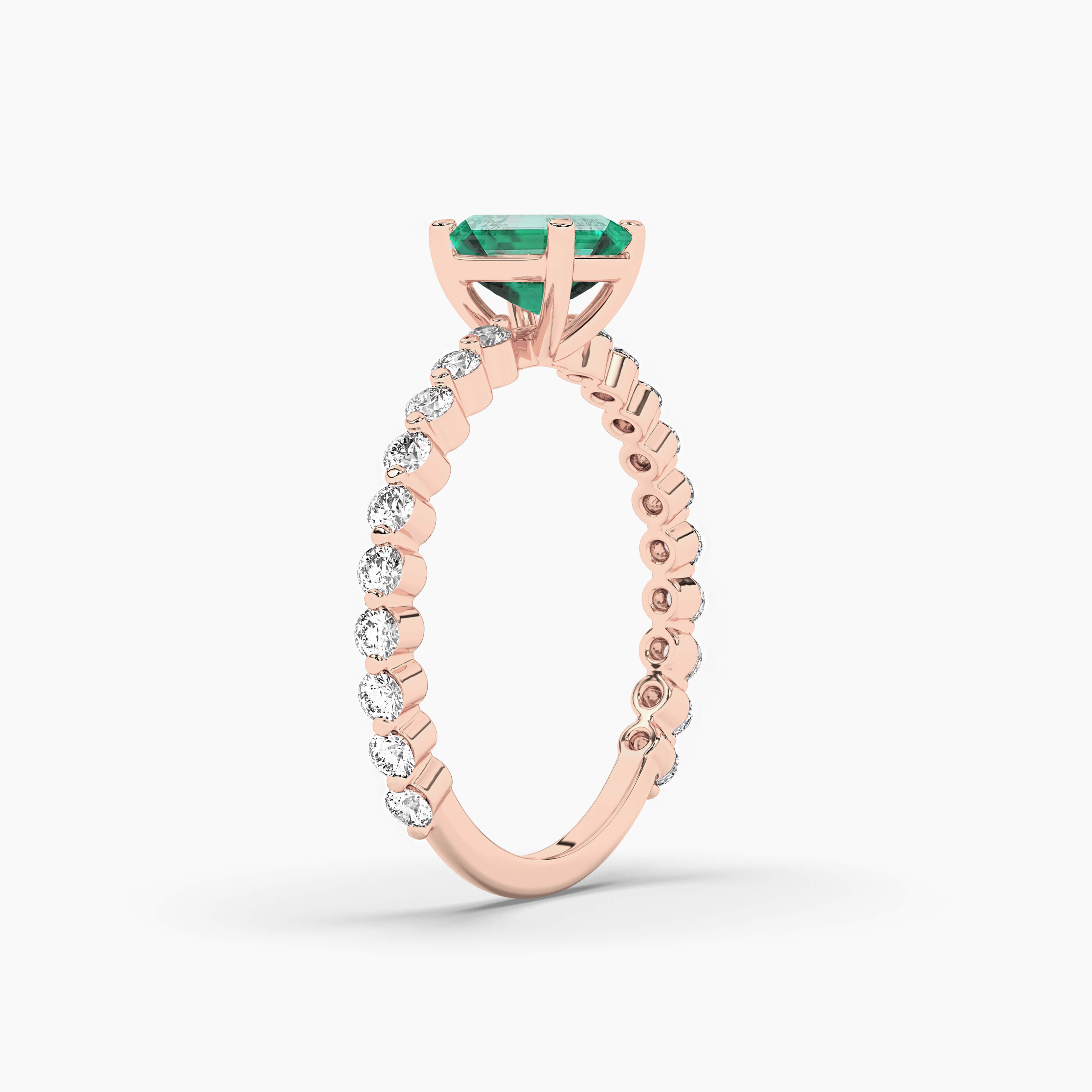 Asscher Cut Emerald & Round Diamond Engagement In Rose Gold