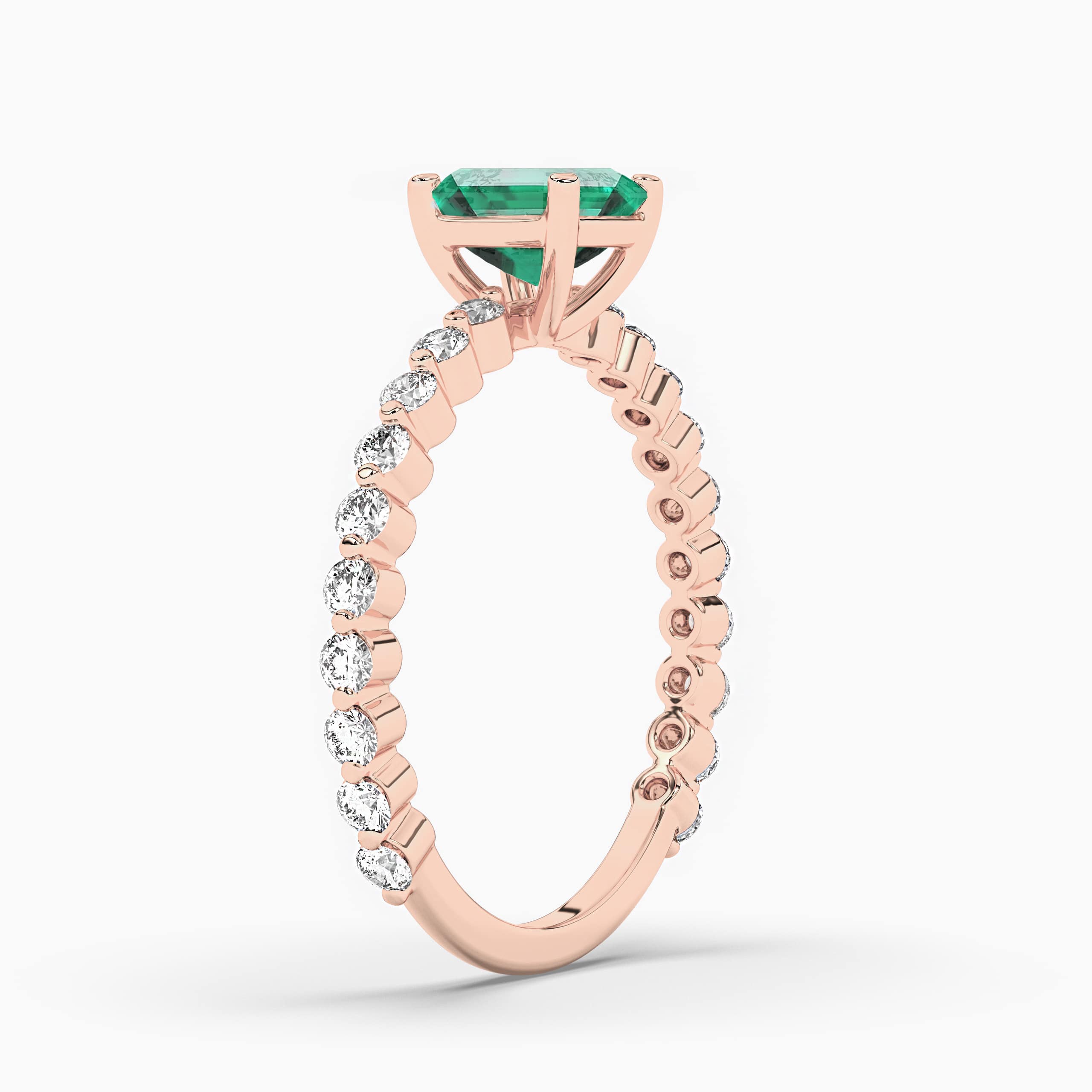 Asscher Cut Emerald & Round Diamond Engagement In Rose Gold