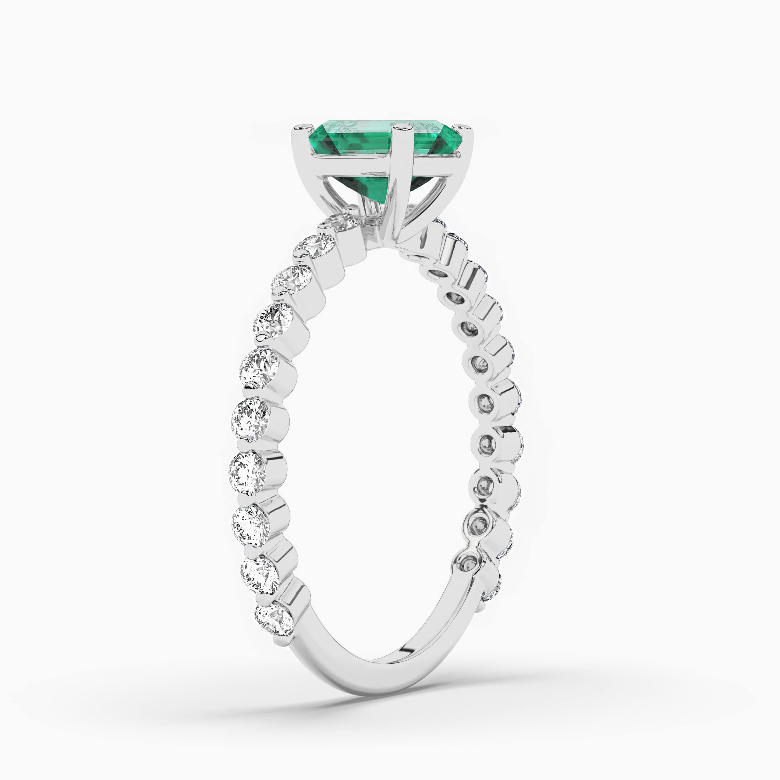 Emerald Asscher Cut White Gold Side Stone Ring