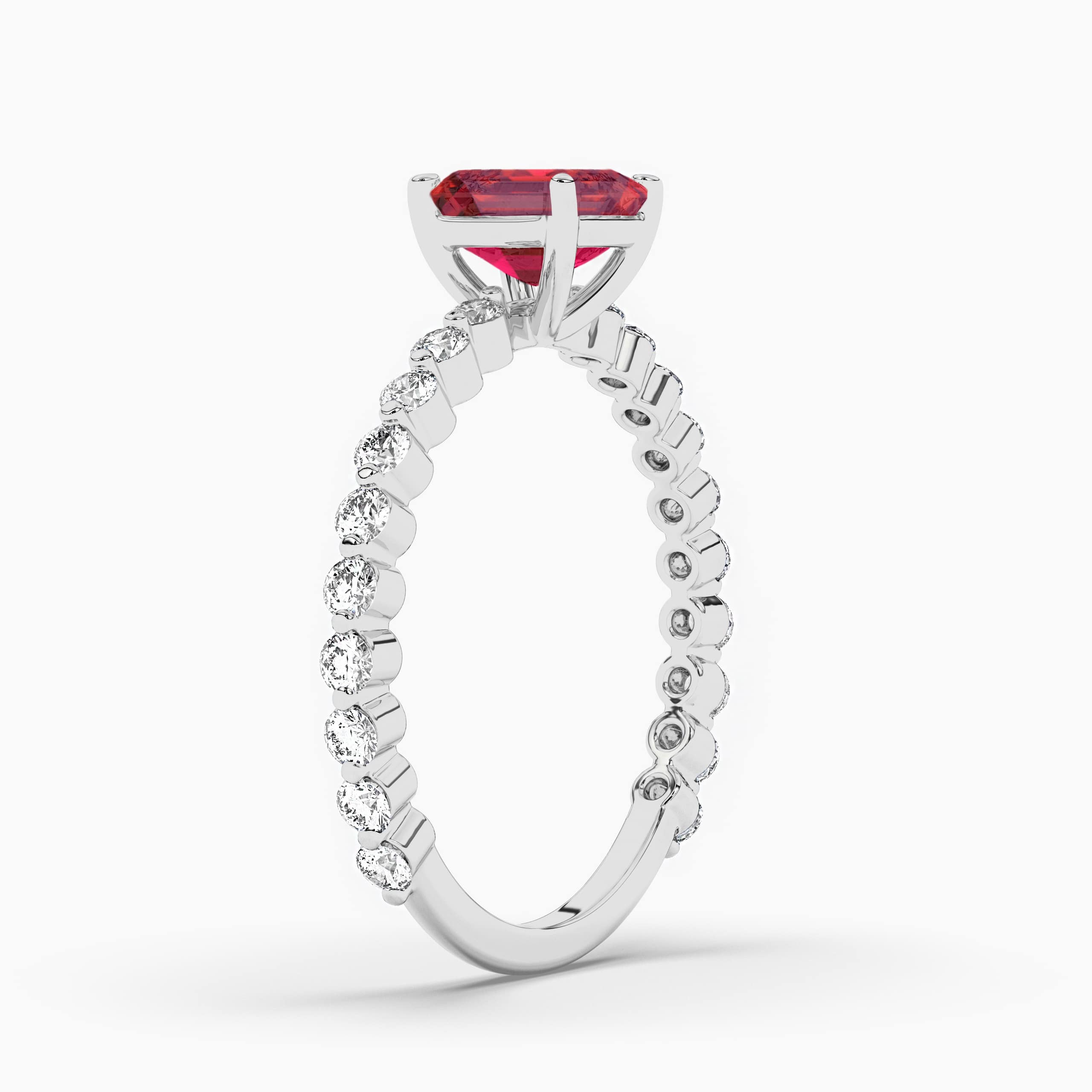  Asscher Cut Created Ruby Solitaire Engagement Ring with Diamond Side Stones White Gold
