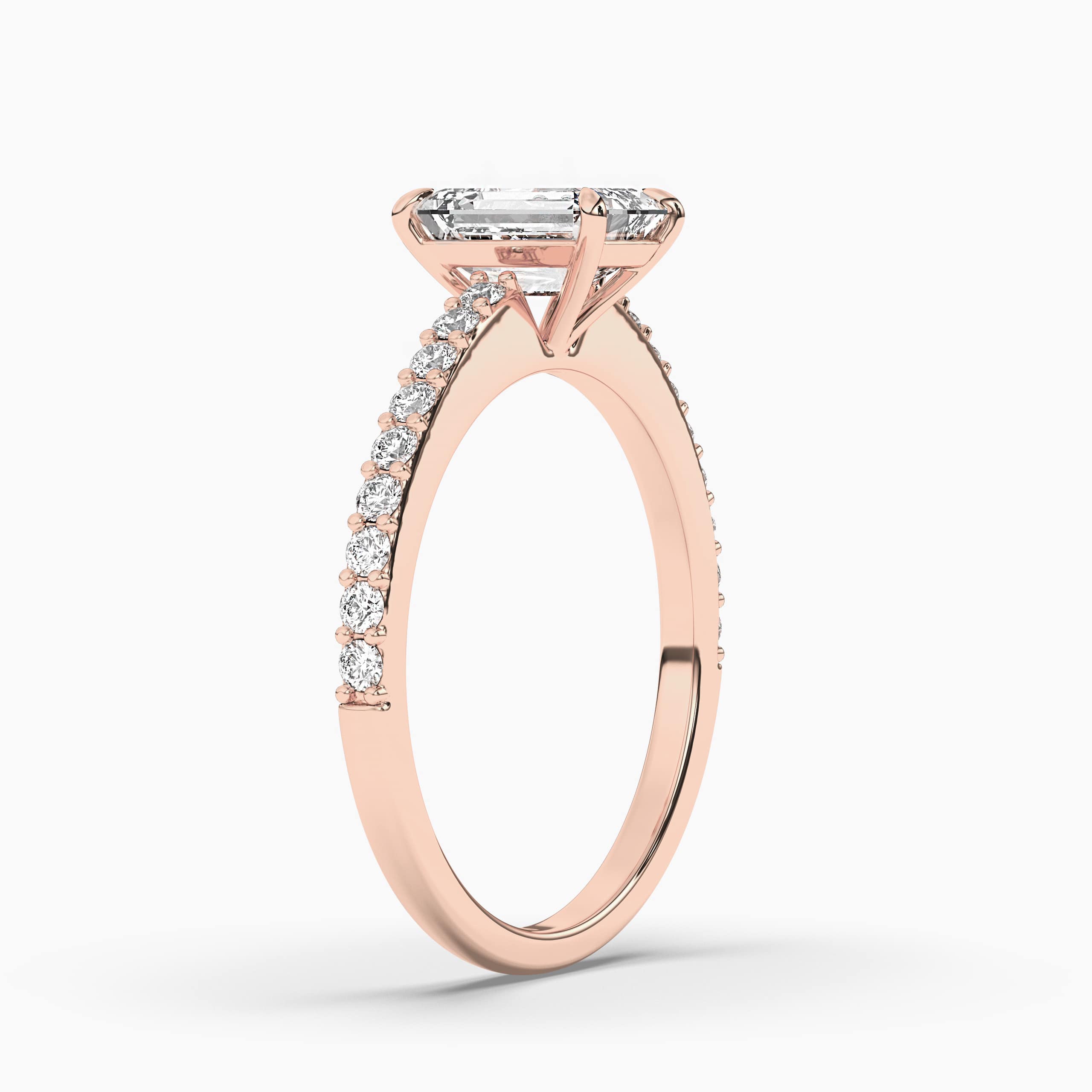 14K Rose Gold Emerald Diamond Solitaire Engagement Ring with Pave Setting