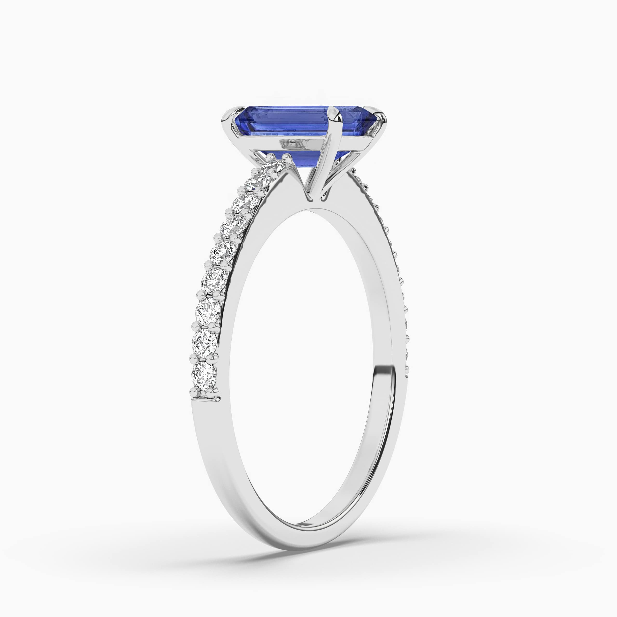 White Gold Emerald Cut Sapphire and Diamond Ring