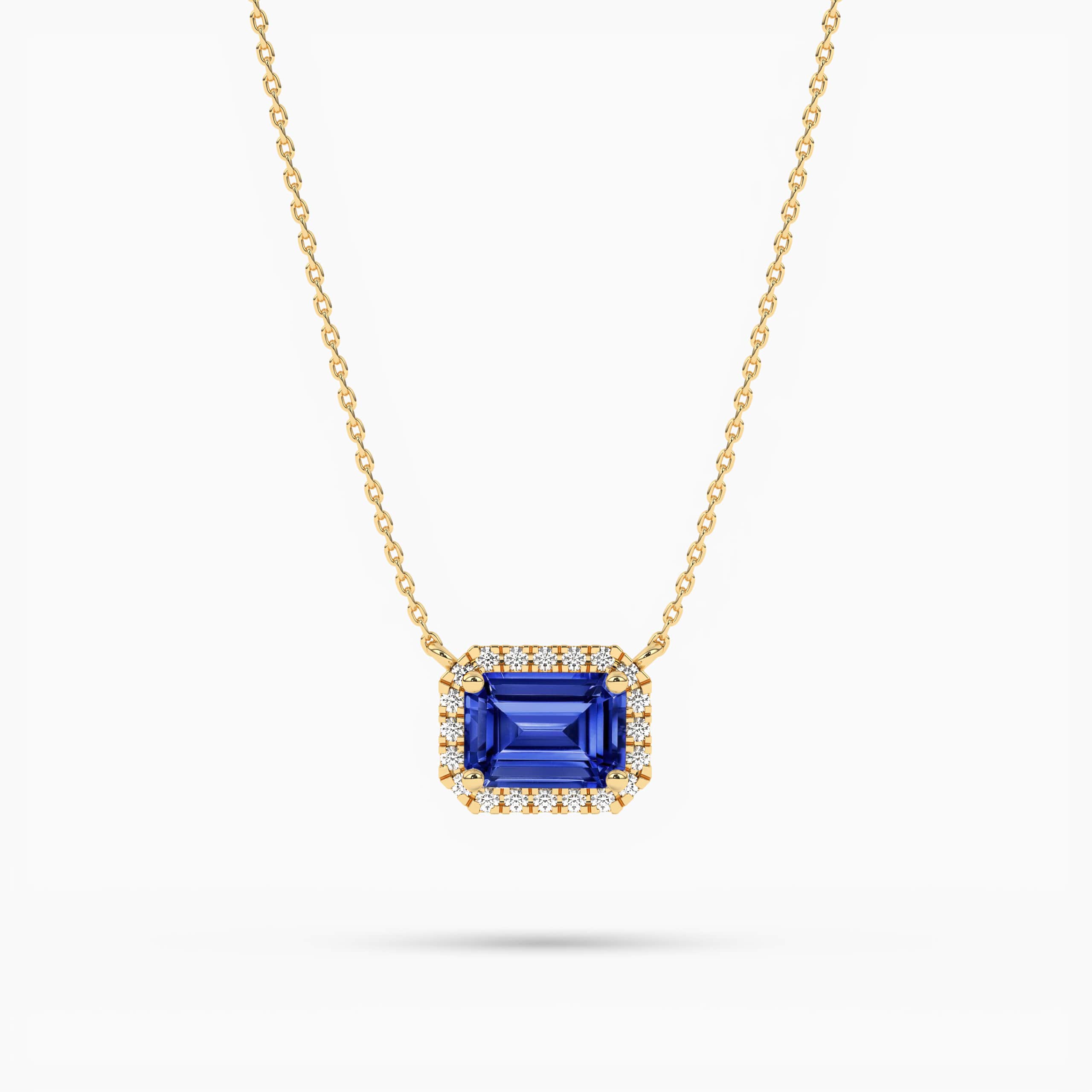 Natural Emerald Cut Blue Sapphire Diamond Gold Necklace