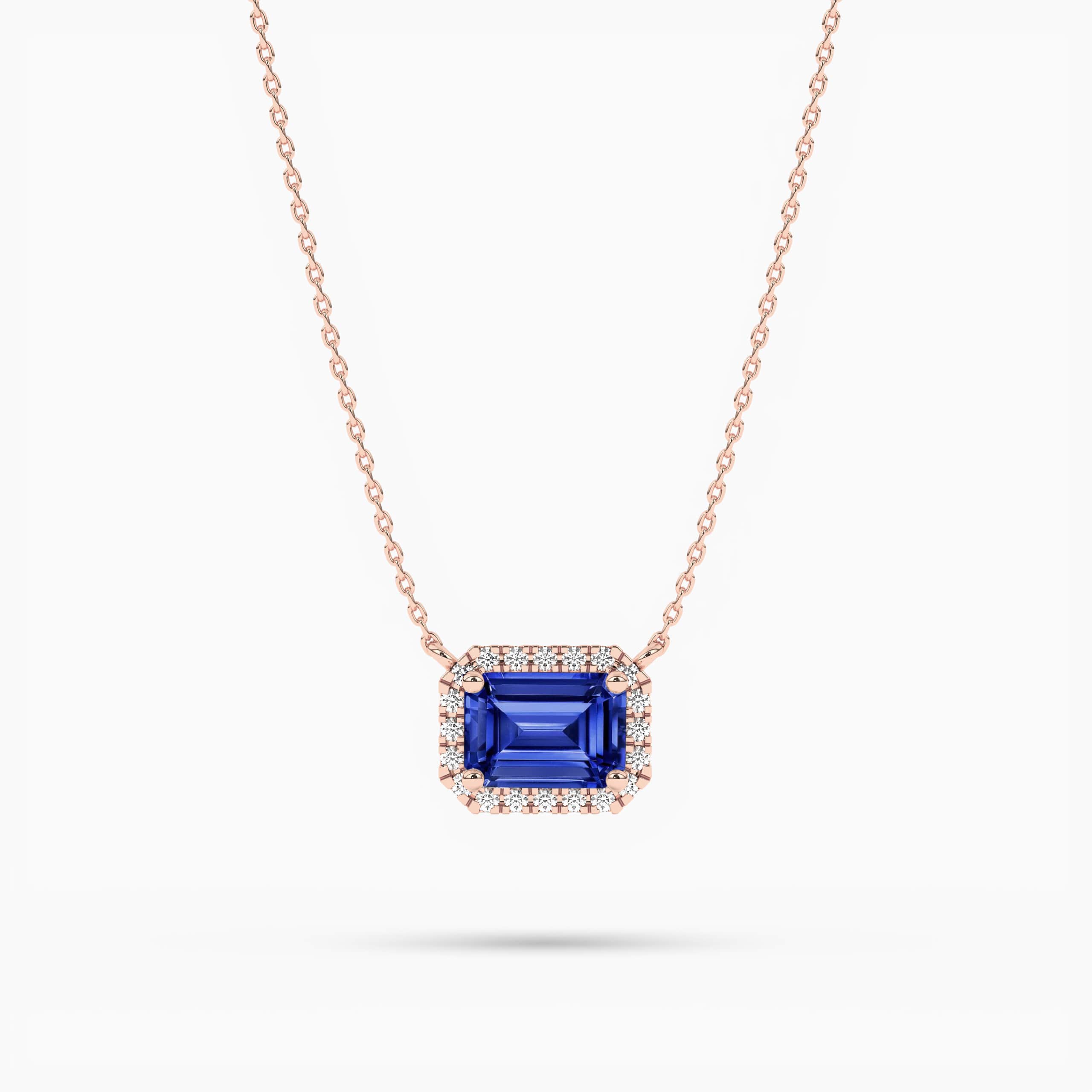 DIAMOND & EMERALD CUT BLUE SAPPHIRE HALO PENDANT NECKLACE ROSE GOLD