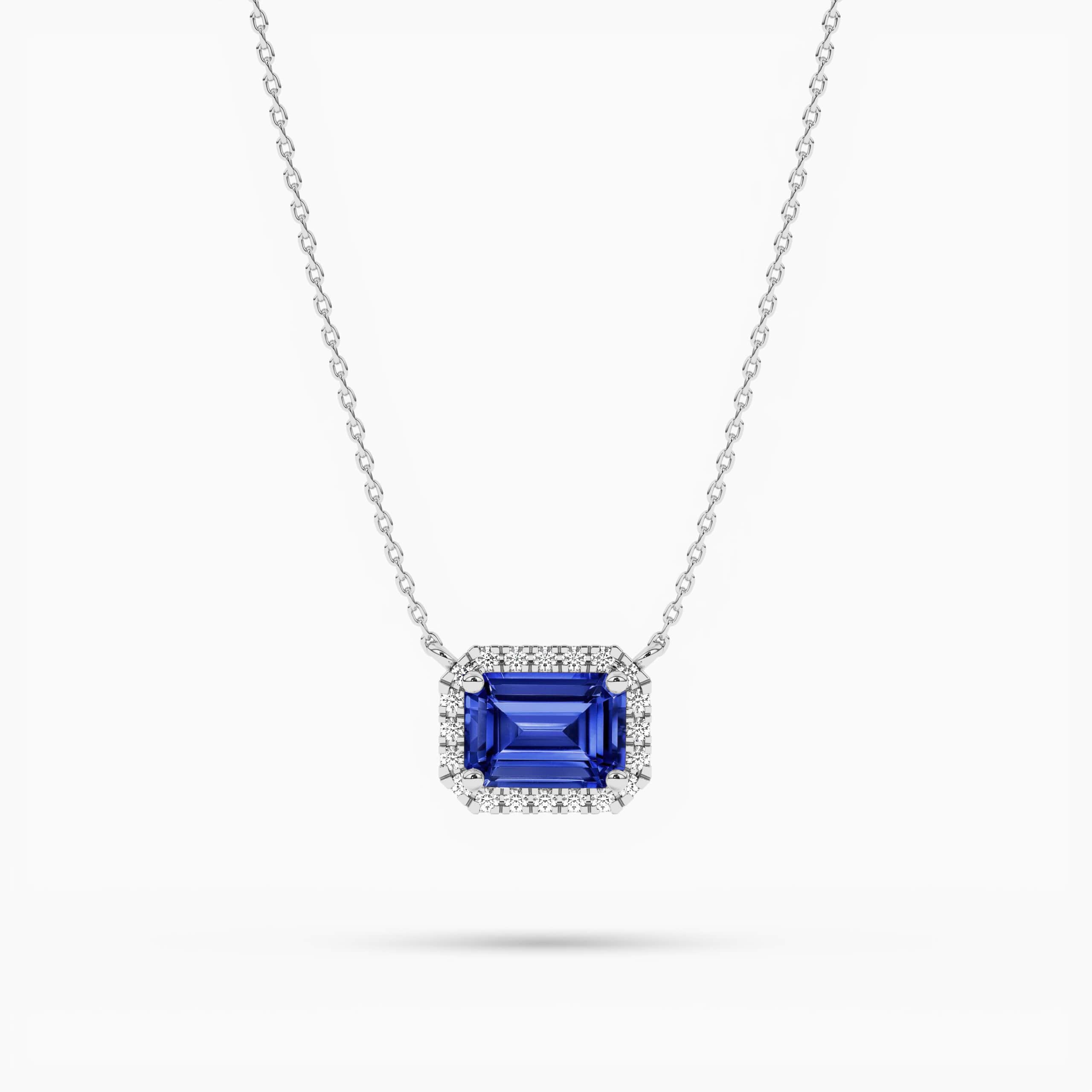 Emerald cut Genuine lab grown Blue Sapphire Necklace Emerald Cut Sapphire Halo Pendant, white gold plated silver