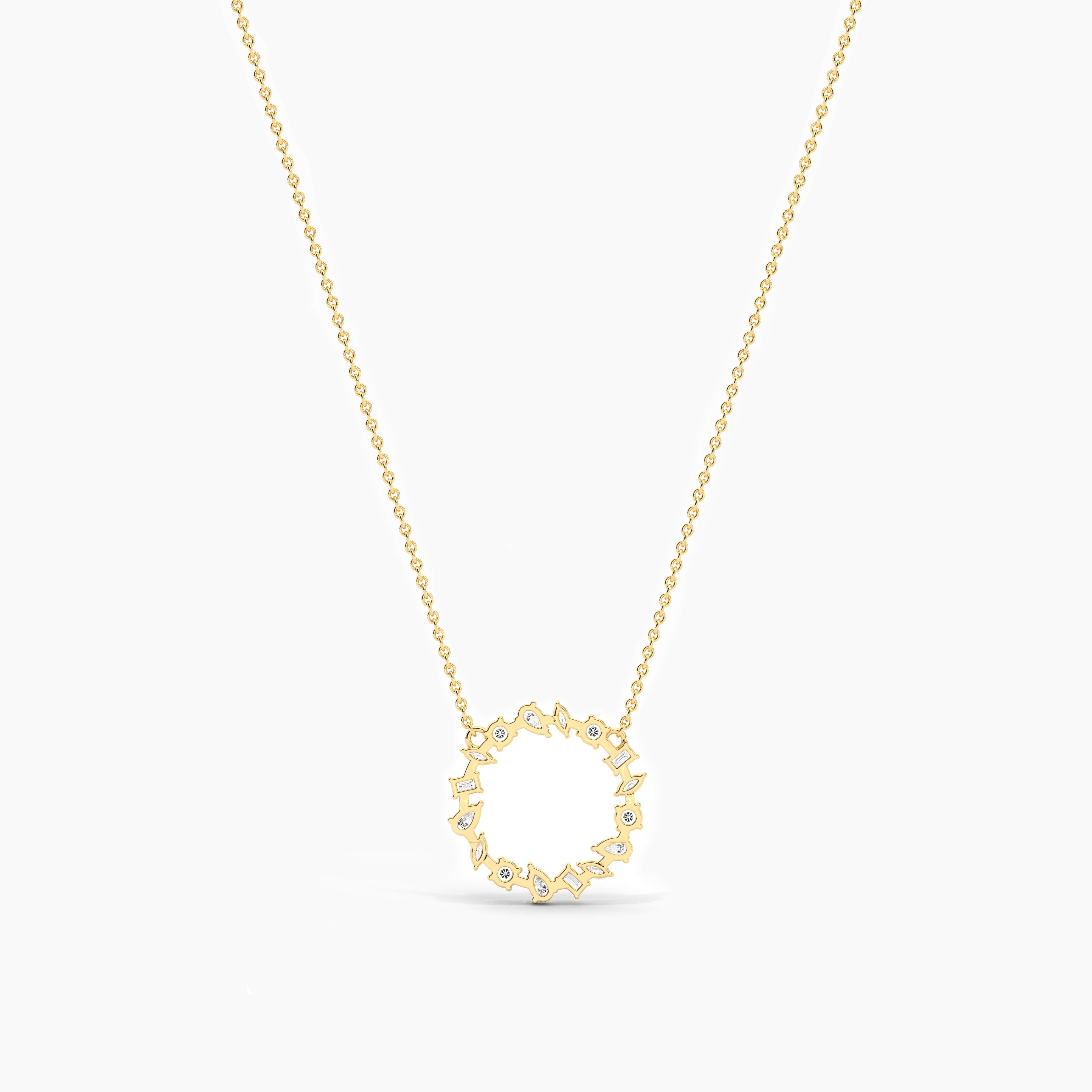 Yellow gold multi shape diamond circle necklace 