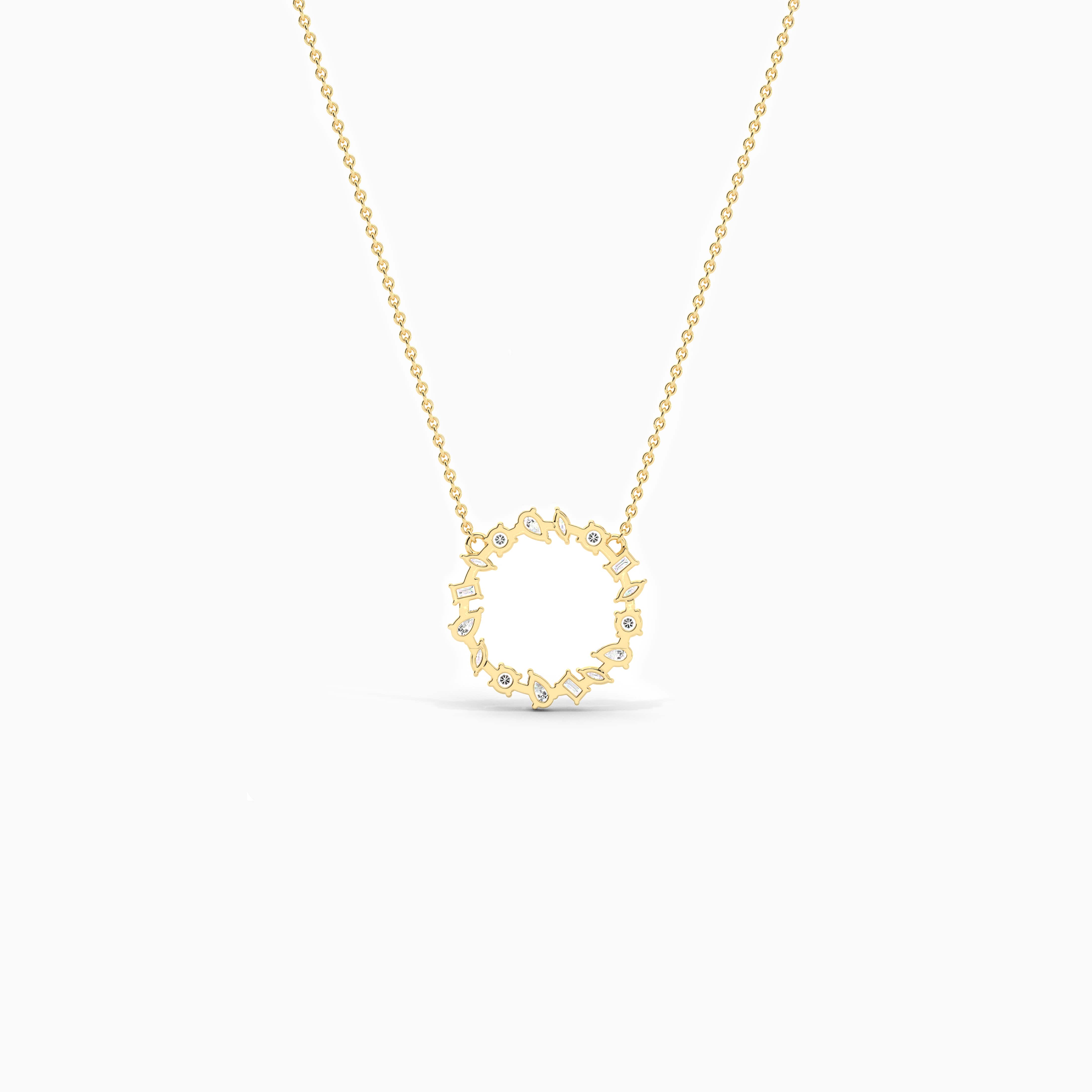 Yellow gold multi shape diamond circle necklace 