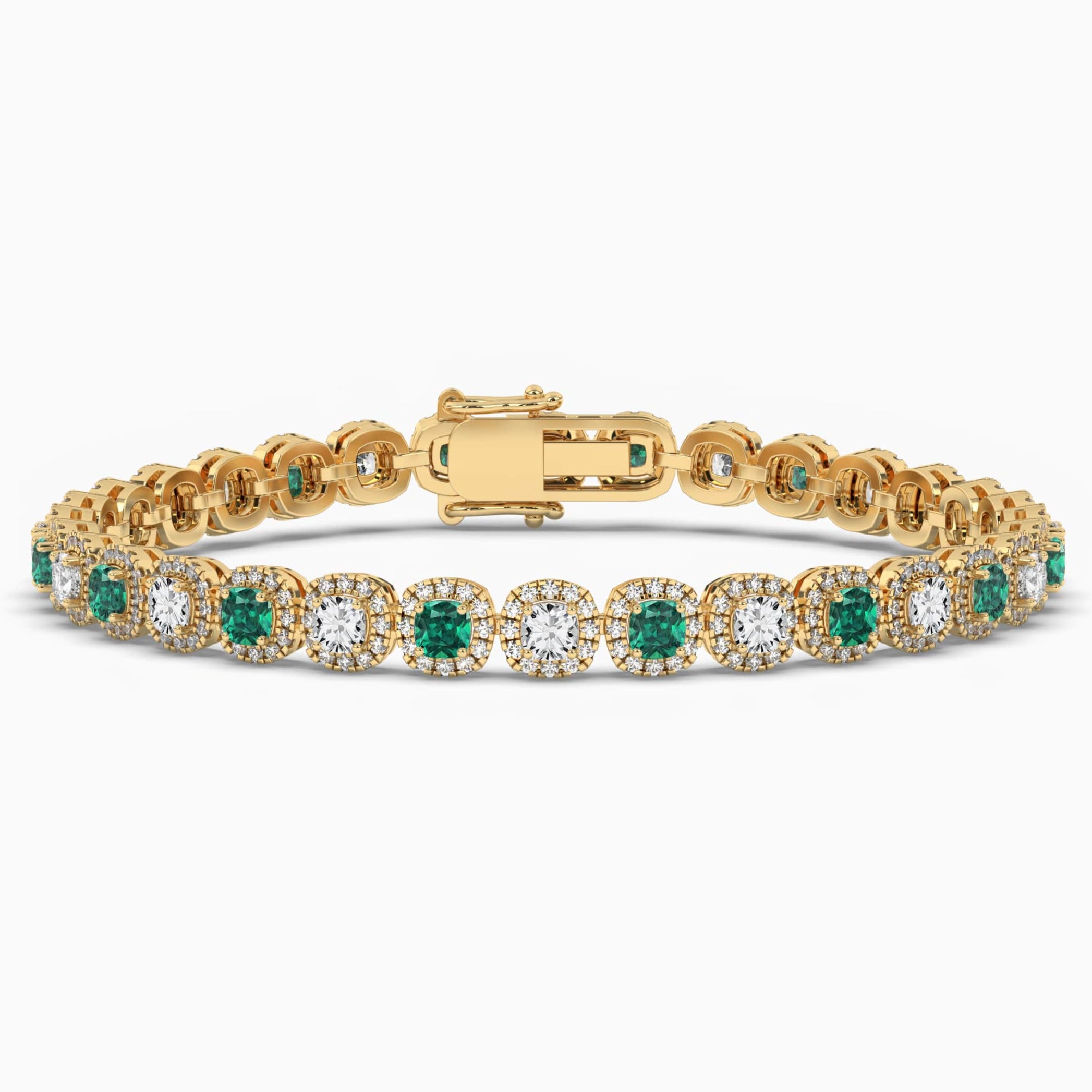 Cushion Cut Green Emerald Halo Tennis Bracelet In Yellow Gold 