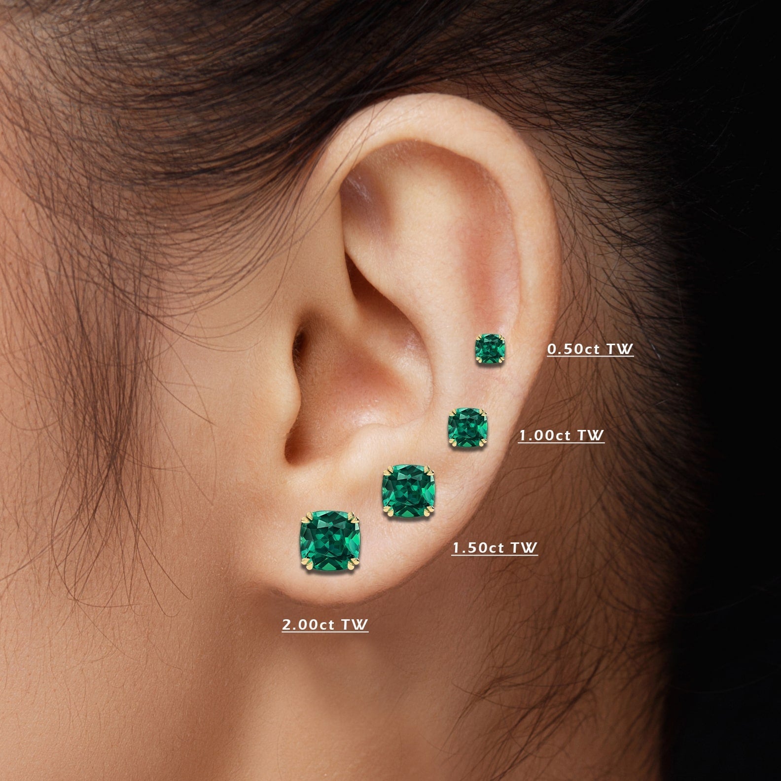 Cushion Cut Stud Earrings in Sterling Silver - Emerald