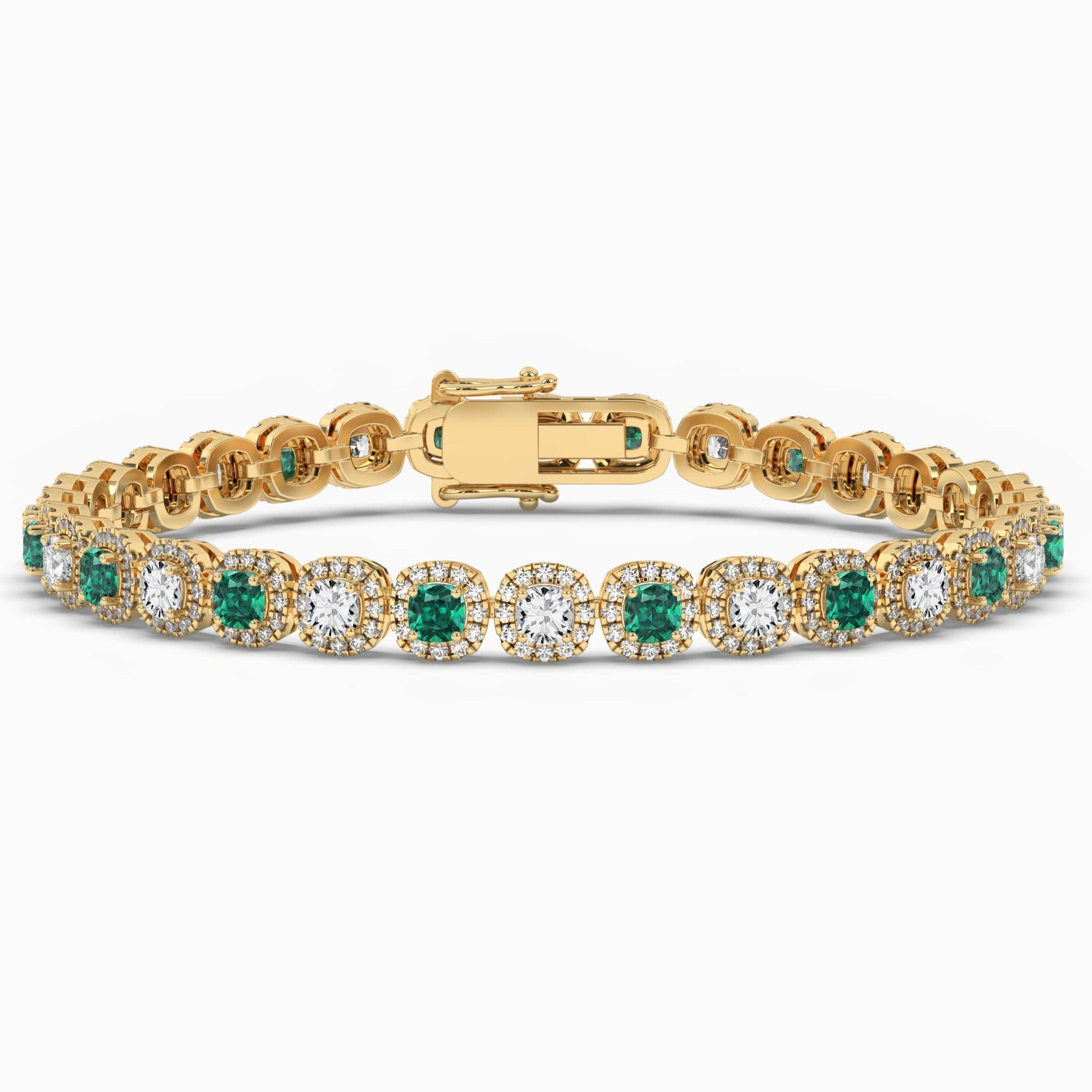 Cushion Cut Green Emerald Halo Tennis Bracelet In Yellow Gold 