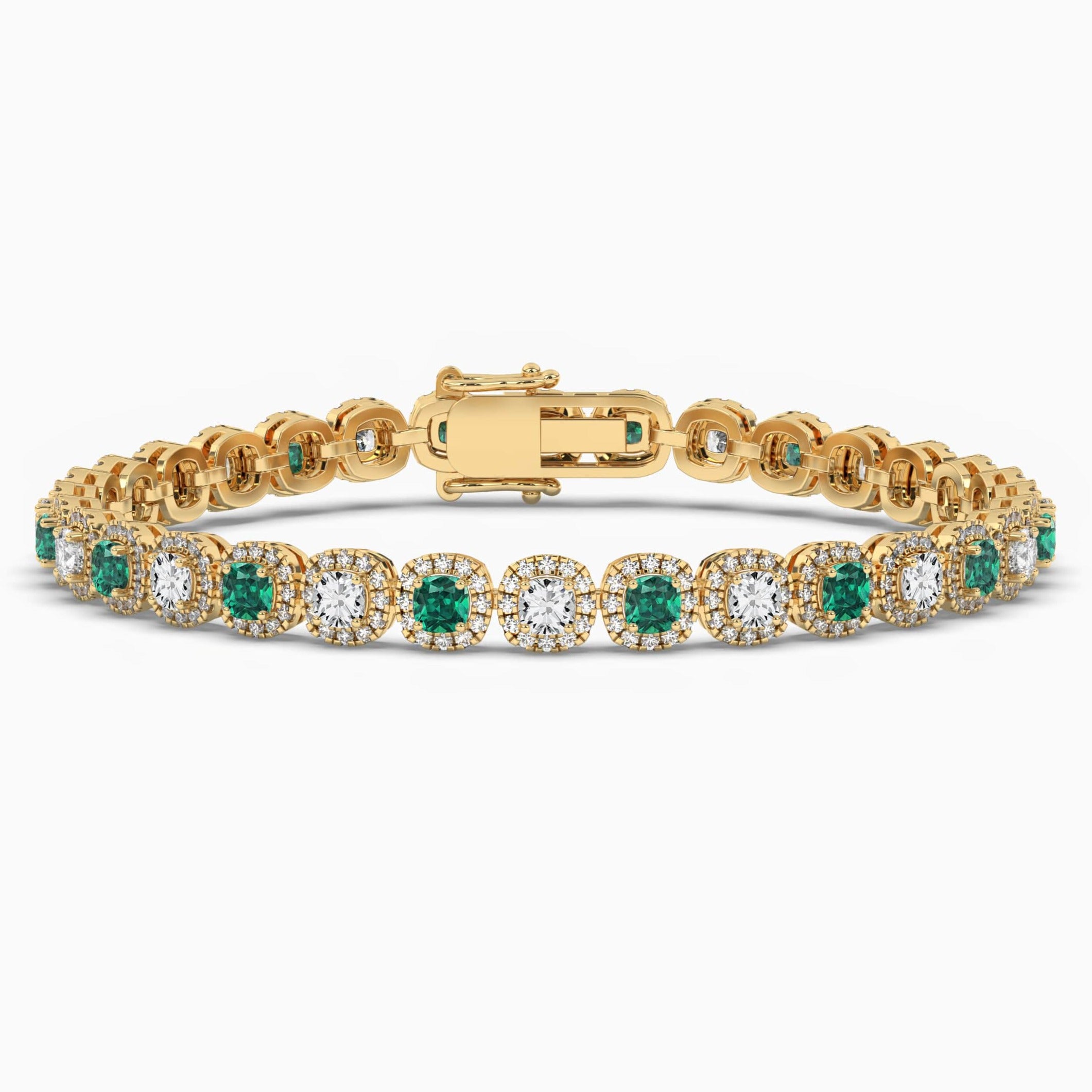 Cushion Cut Green Emerald Halo Tennis Bracelet In Yellow Gold 