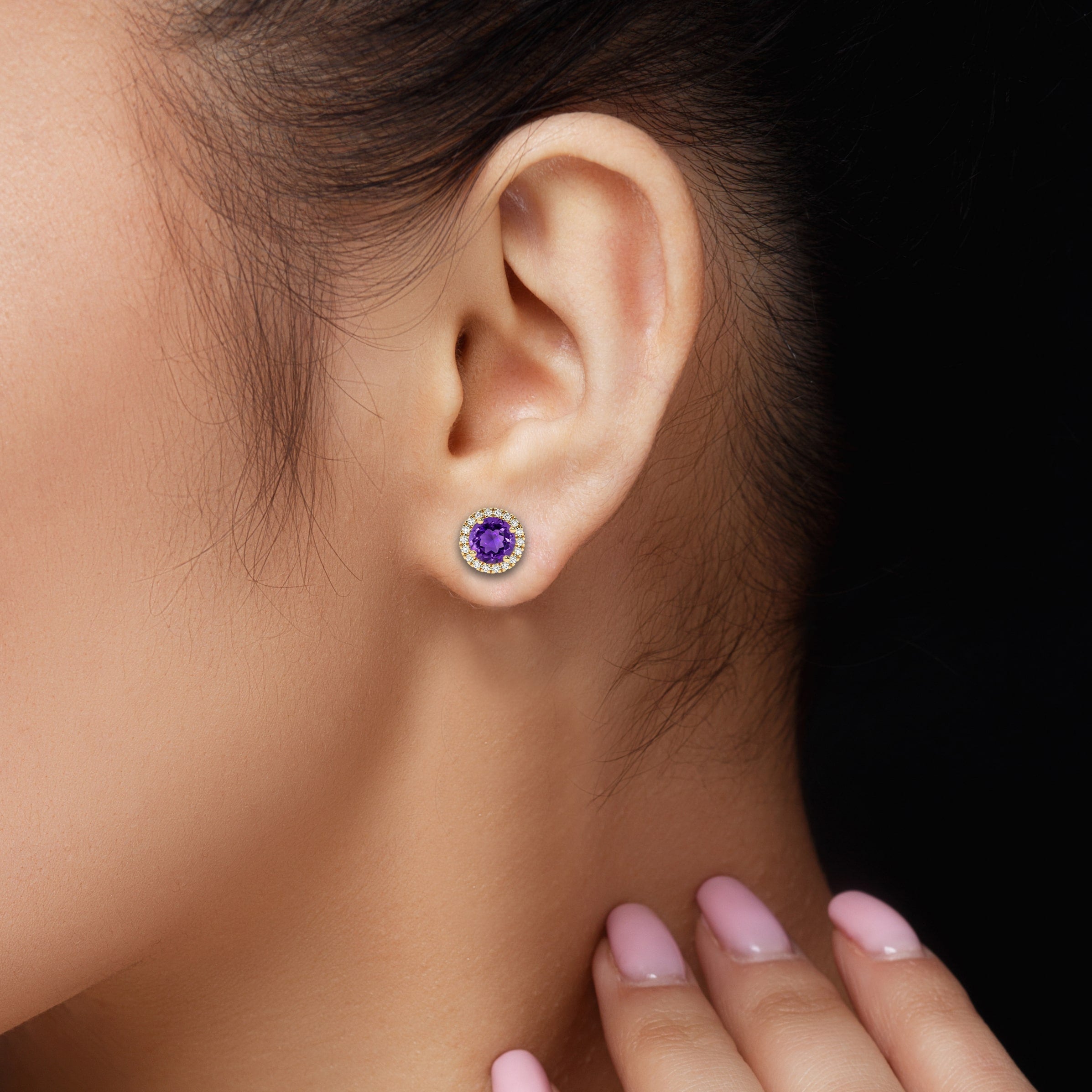 Round Purple Amethyst & Diamond Ladies Halo Style Stud Earrings