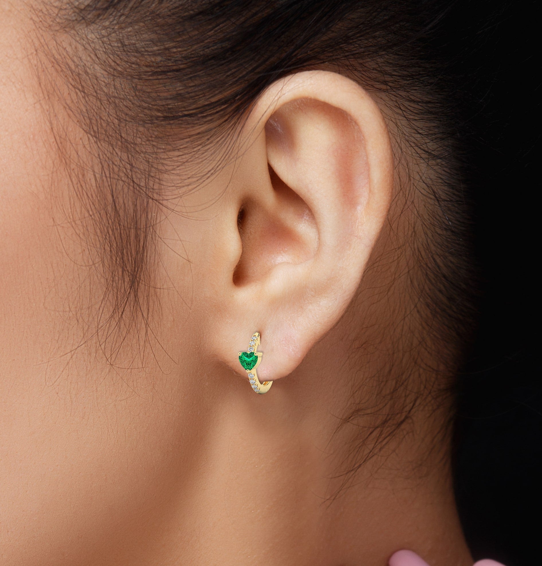 Heart Cut With Green Emerald Diamond Hoop Earring 