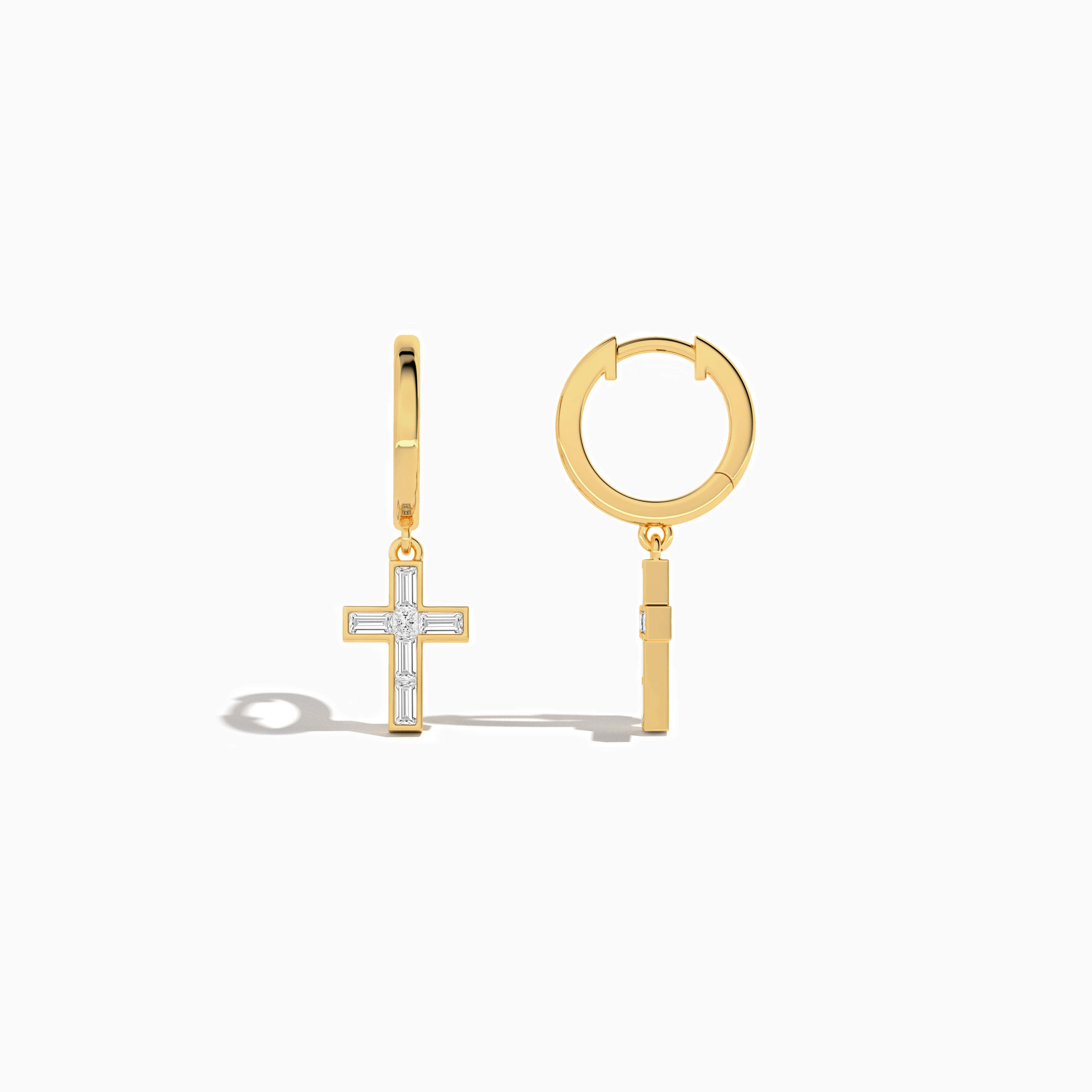 Diamond Cross Dangle Hoop Earrings in yellow gold 