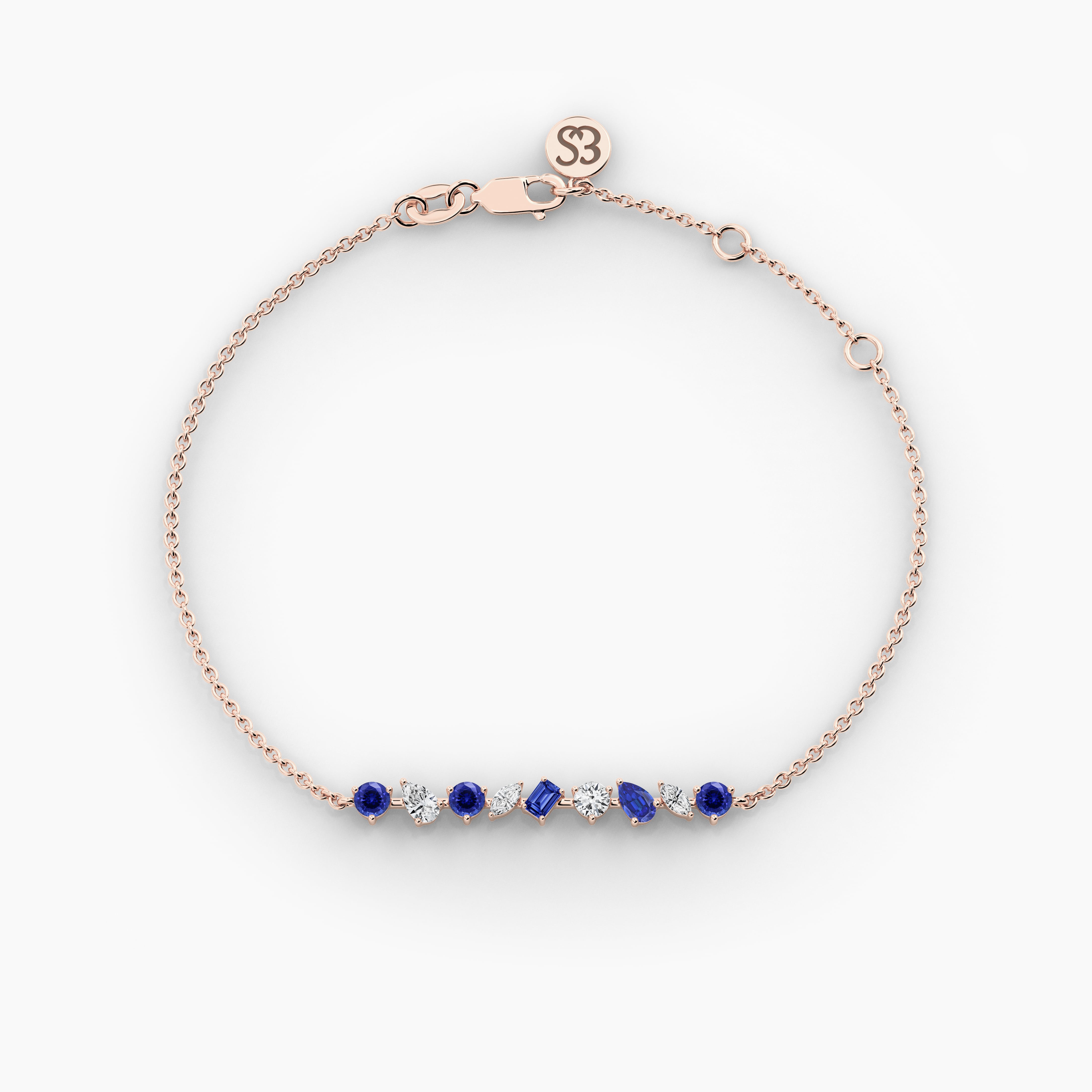  chain bracelet in multi shape white and blue sapphire diamond