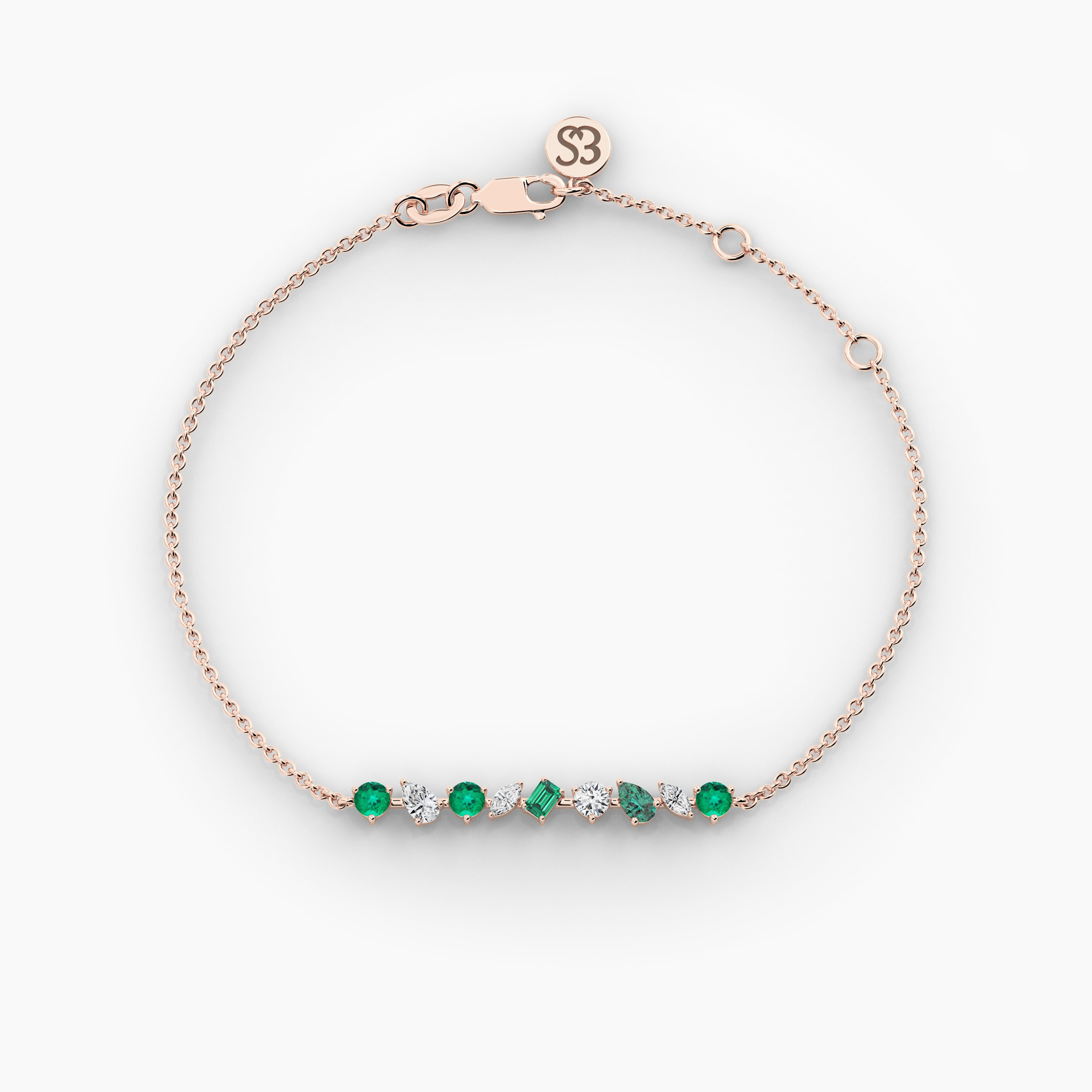 Rose Gold Multi Shape Emerald And White Diamond Chain Bracelet 