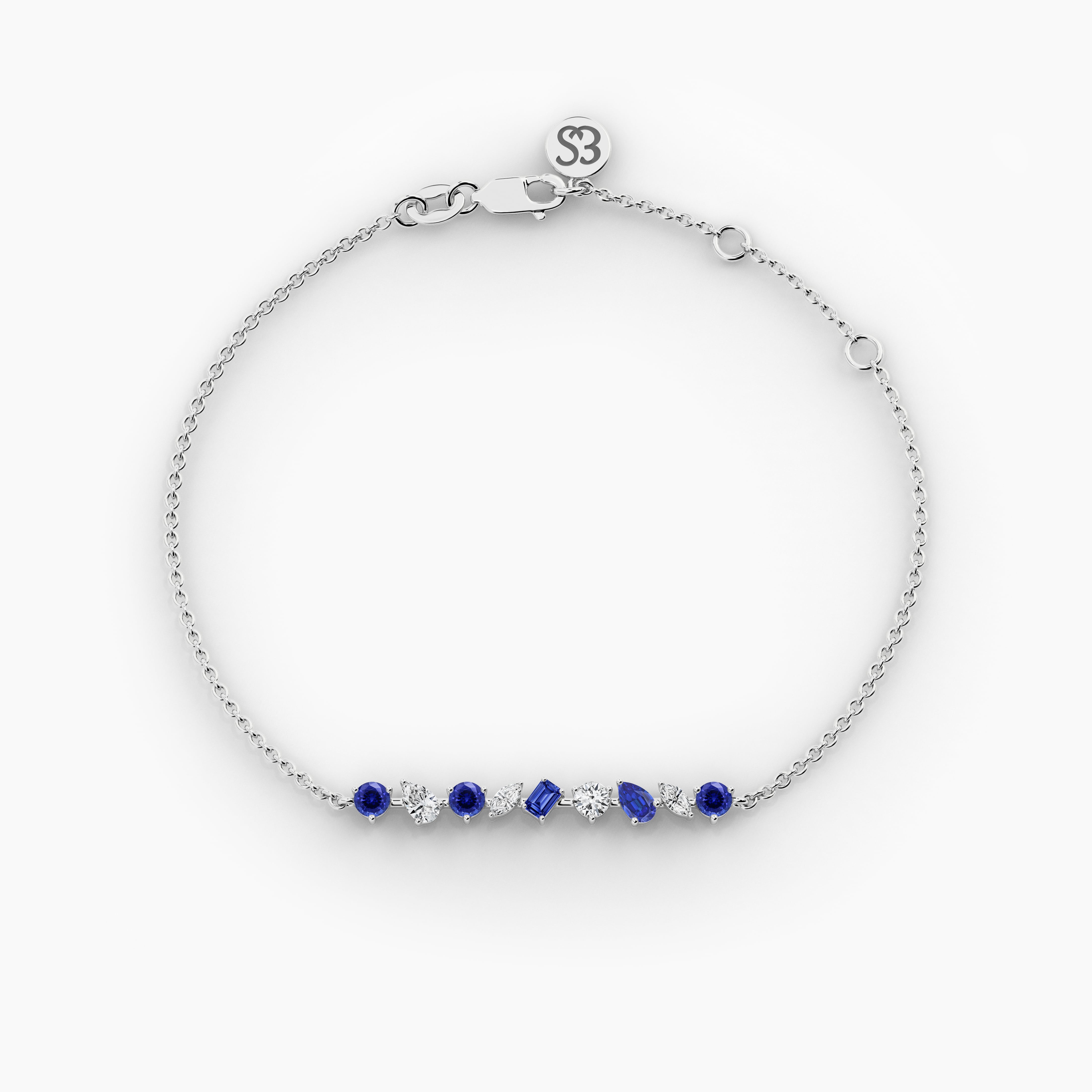 white gold chain bracelet in multi shape white and blue sapphire diamond for woman's