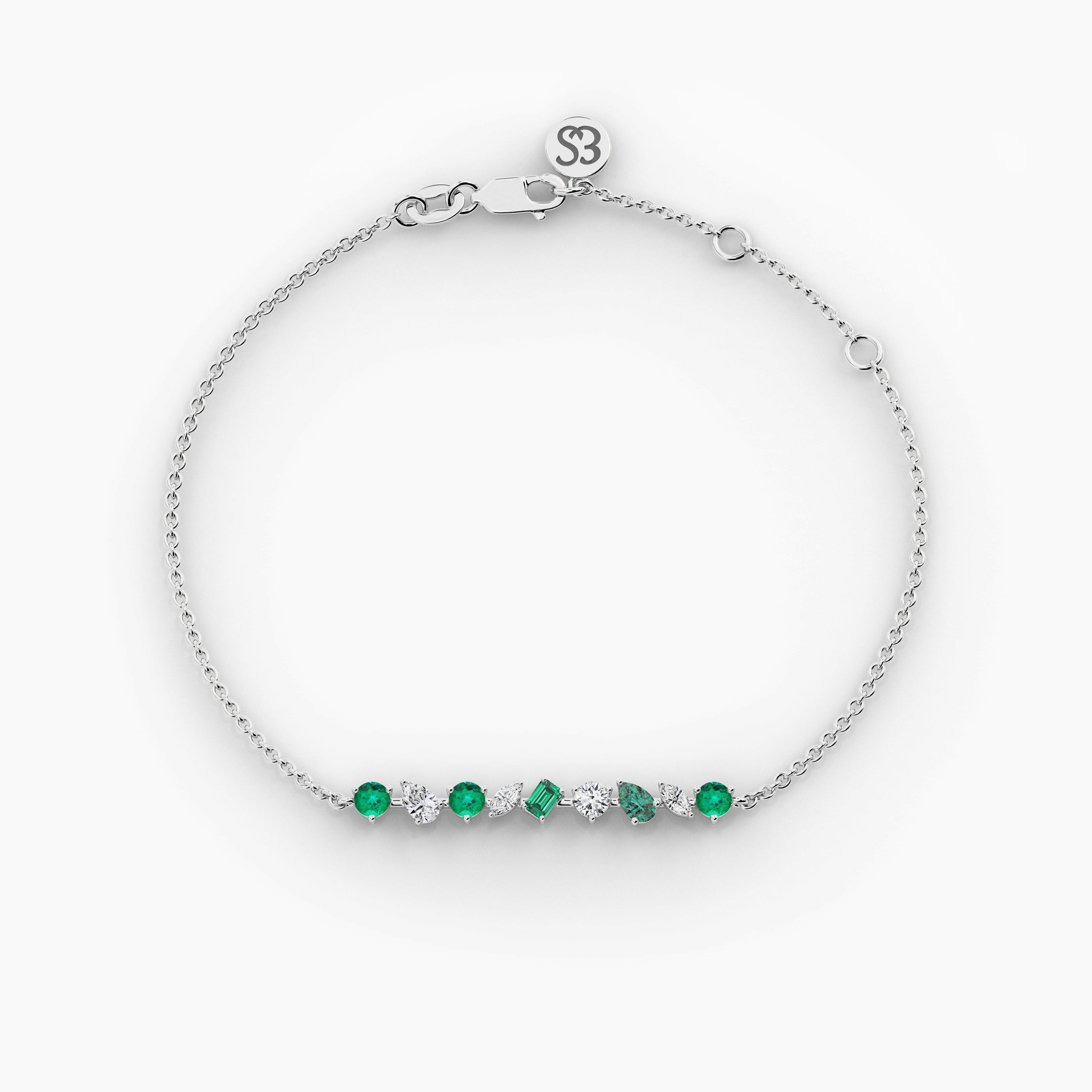 Multi Shape Emerald And White Diamond Chain Bracelet