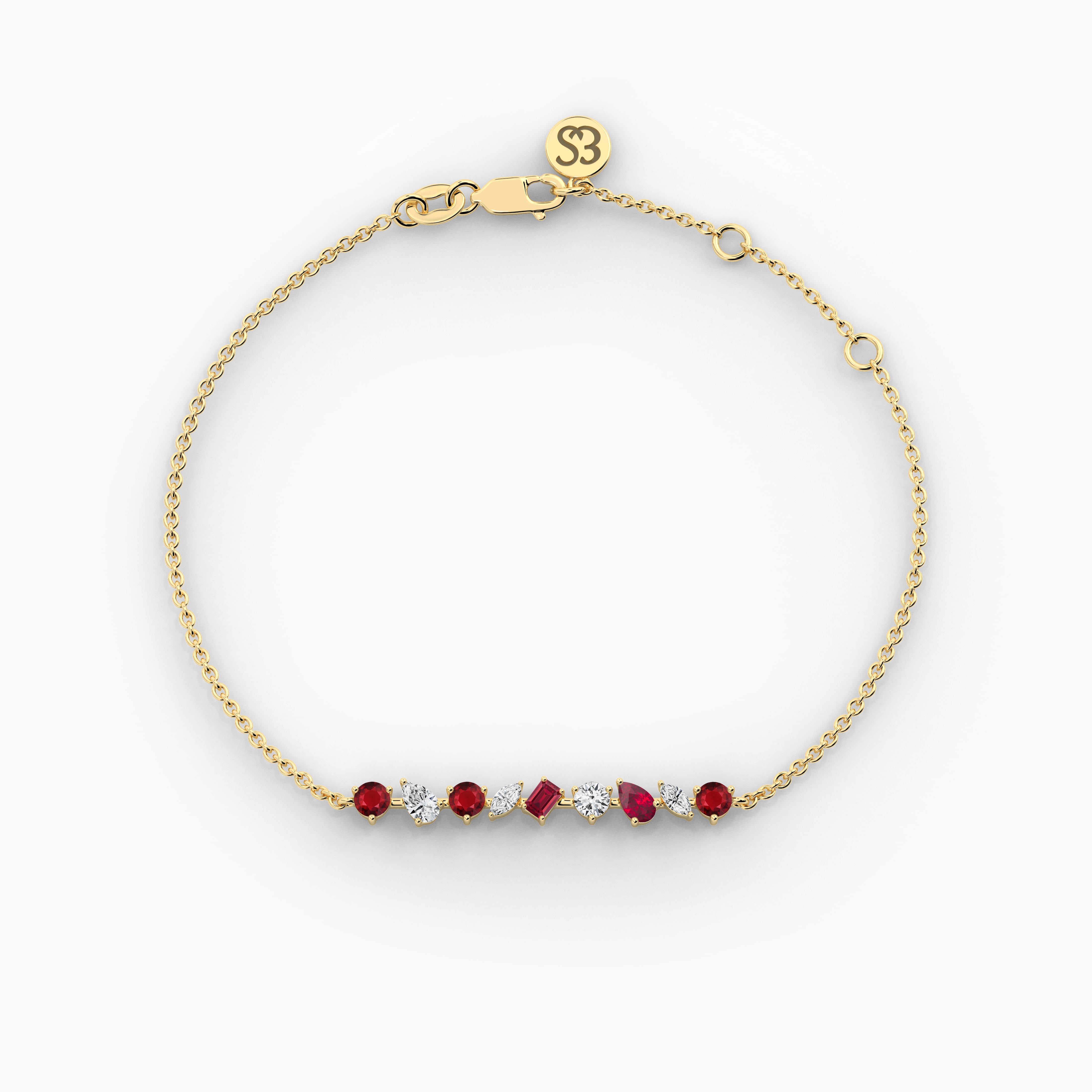 Yellow Gold Multi Shape Ruby Diamond Cable Chain Bracelet 