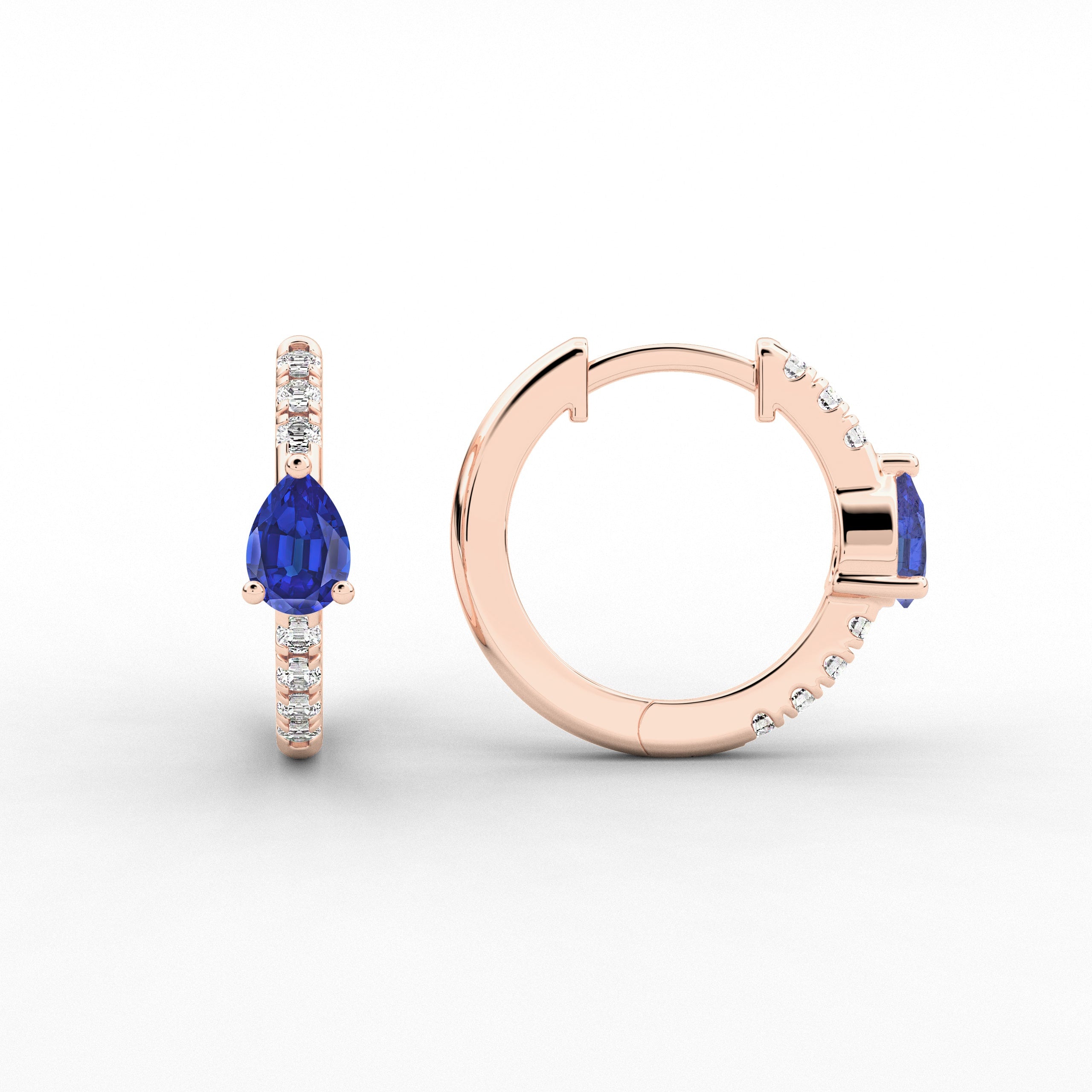 Pear and Blue Sapphire Cut  Diamond Engagement Hoop Earring In Rose Gold