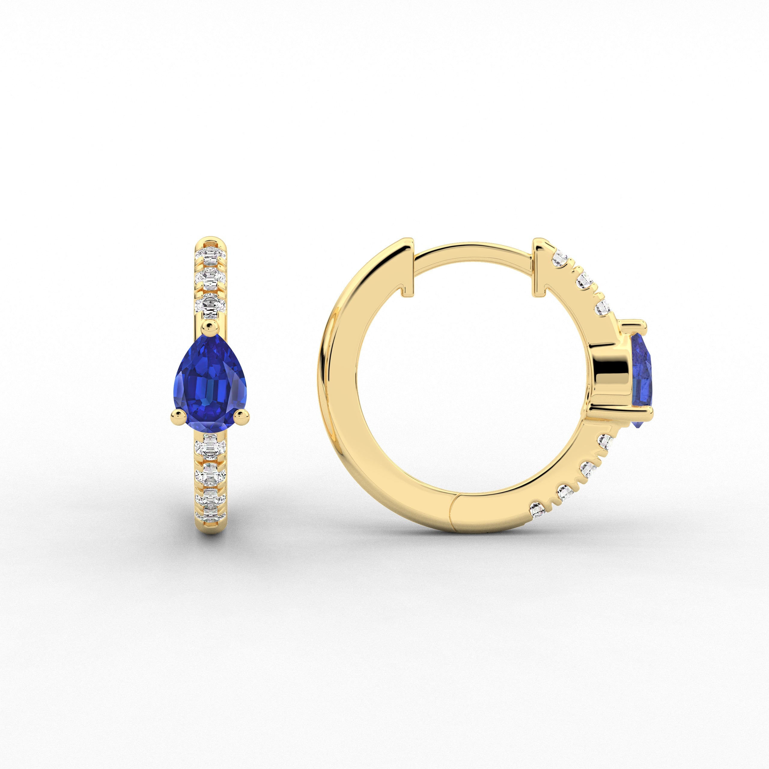 Yellow Gold Hoop Earring Pear And Blue Sapphire Cut Moissanite Diamond Engagement For Woman