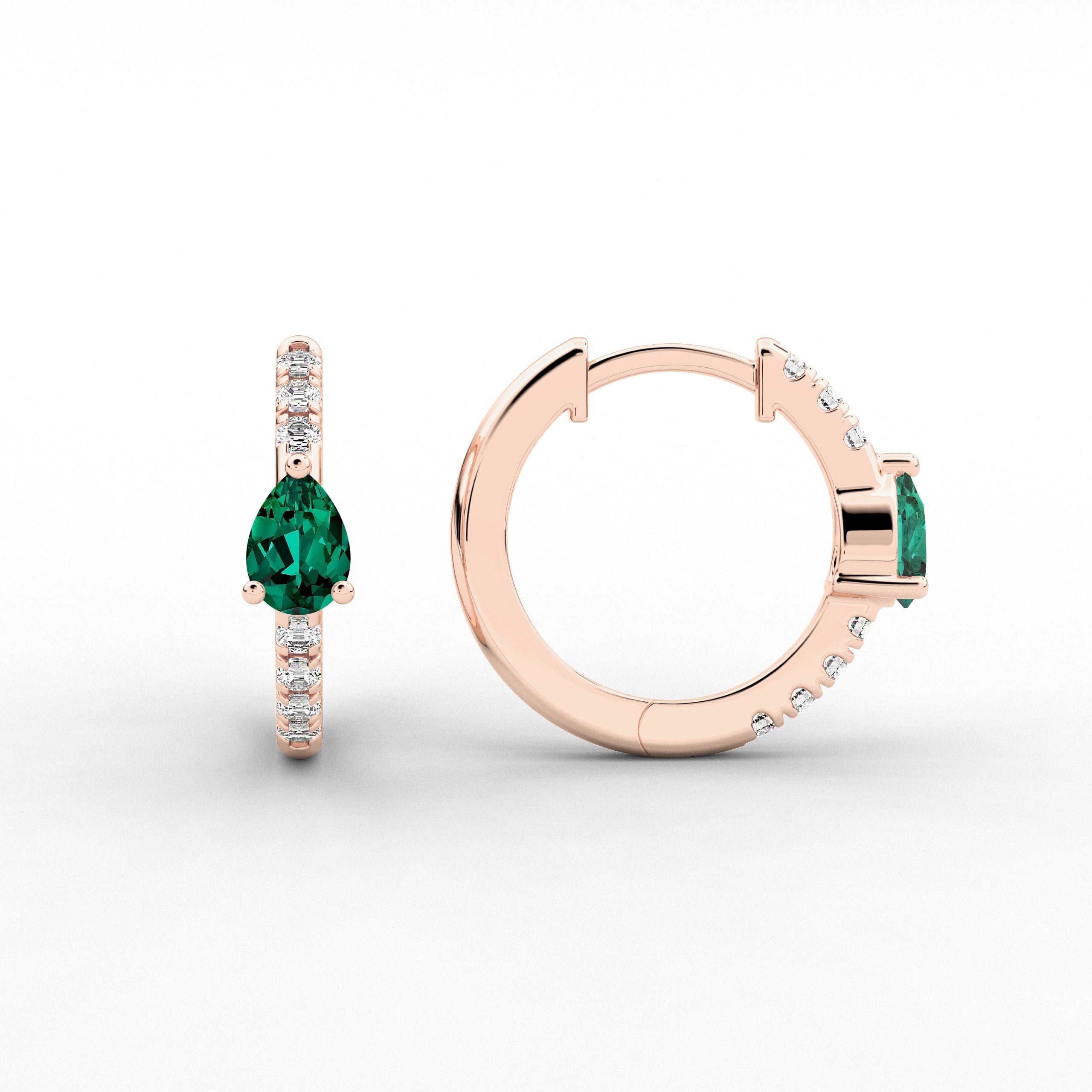 Rose Gold Hoop Earring In Green Emerald And Pear Cut Moissanite Diamond Engagement Gift