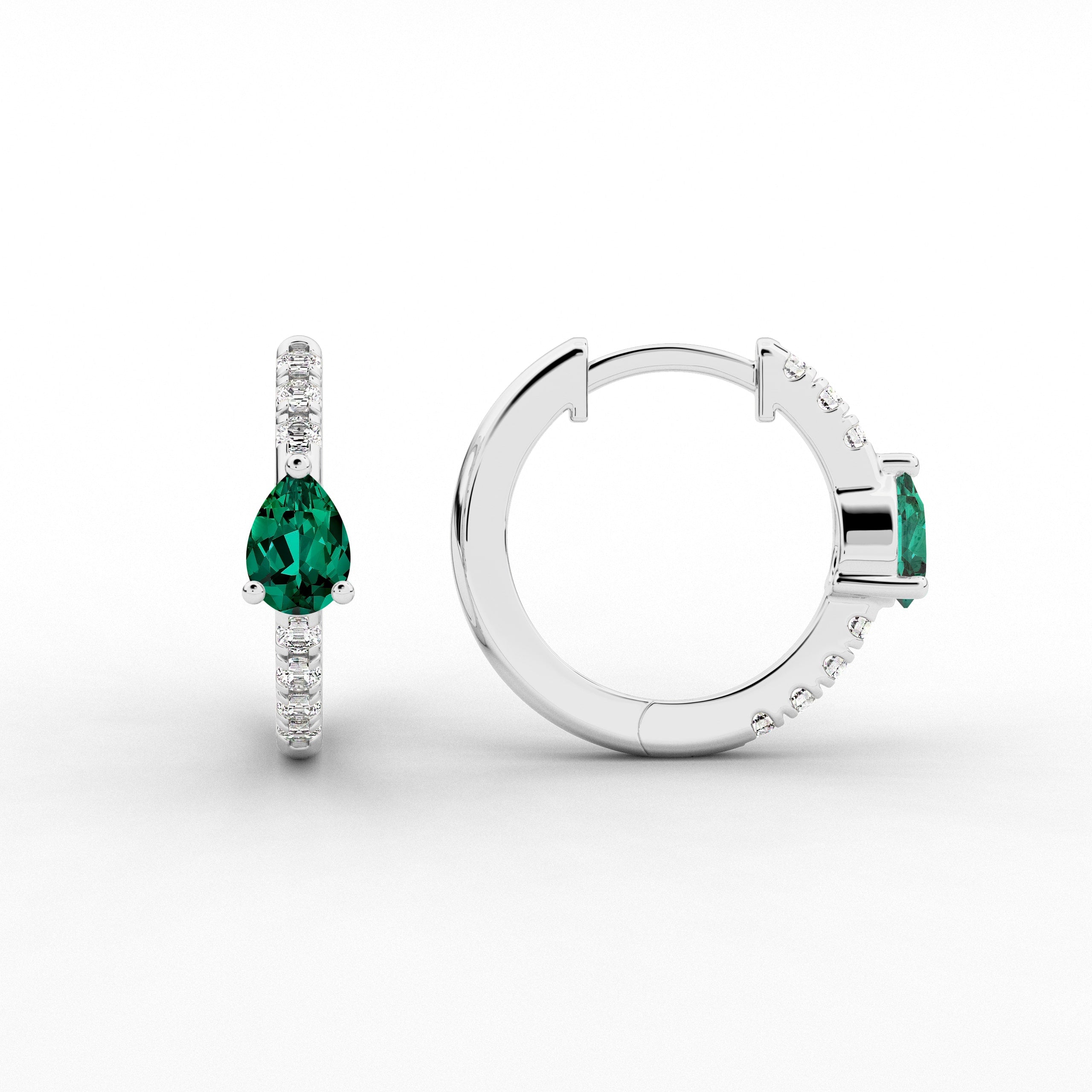 White Gold Hoop Earring Pear And Green Emerald Cut Moissanite Diamond Engagement For Woman
