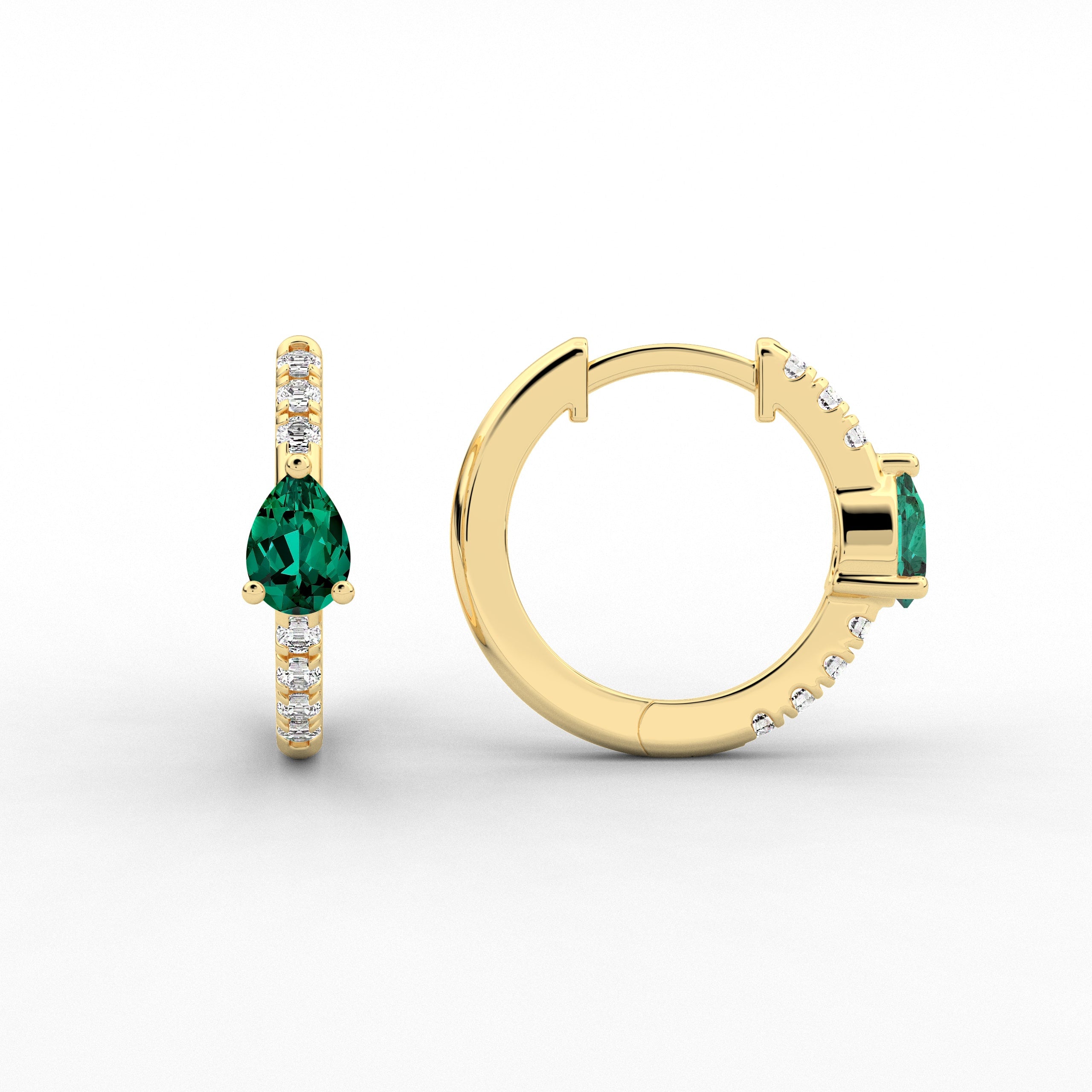 Yellow Gold Hoop Earring Pear And Green Emerald Cut Moissanite Diamond Engagement For Woman