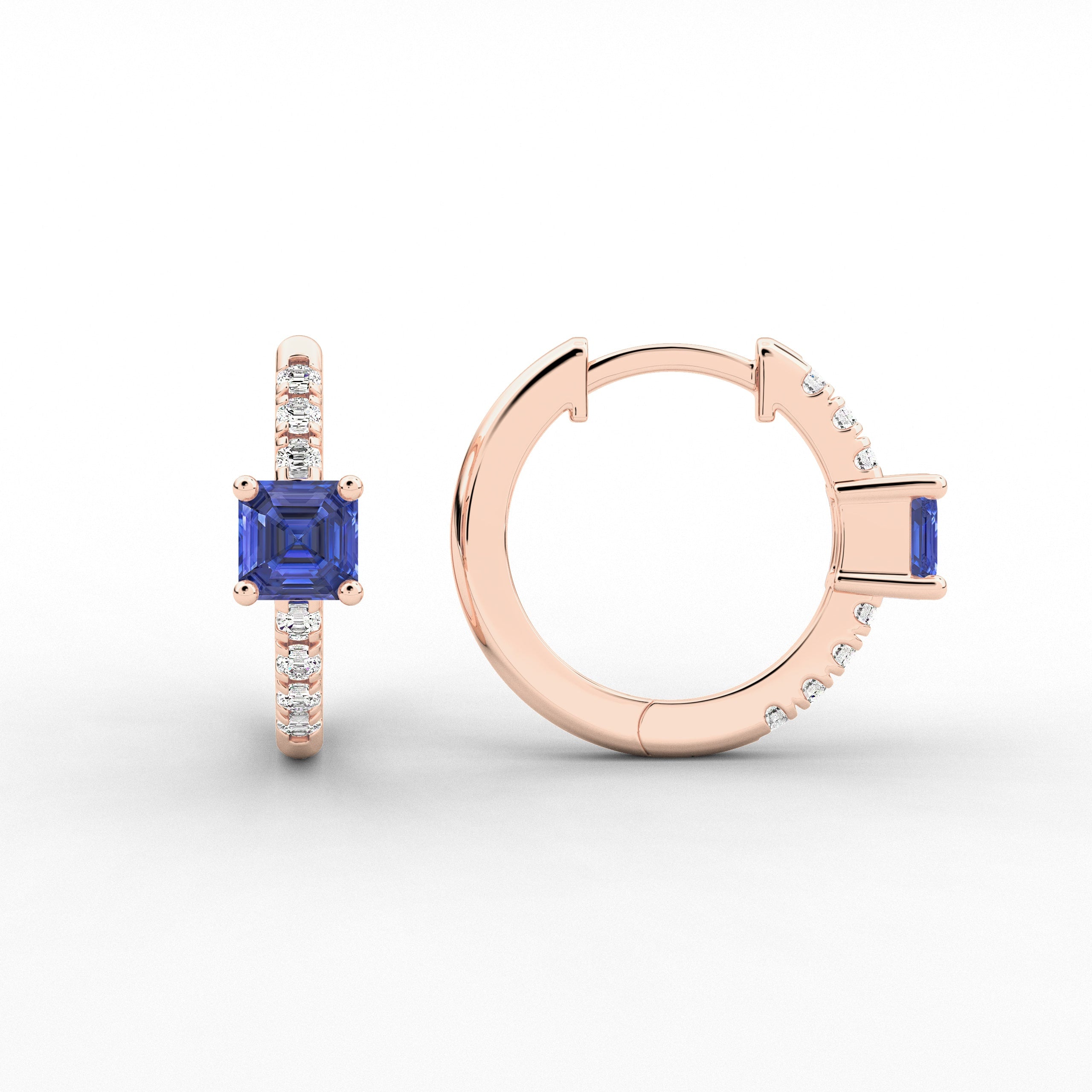 Asscher And Blue Sapphire Moissanite Diamond Engagement Hoop Earring In Rose Gold