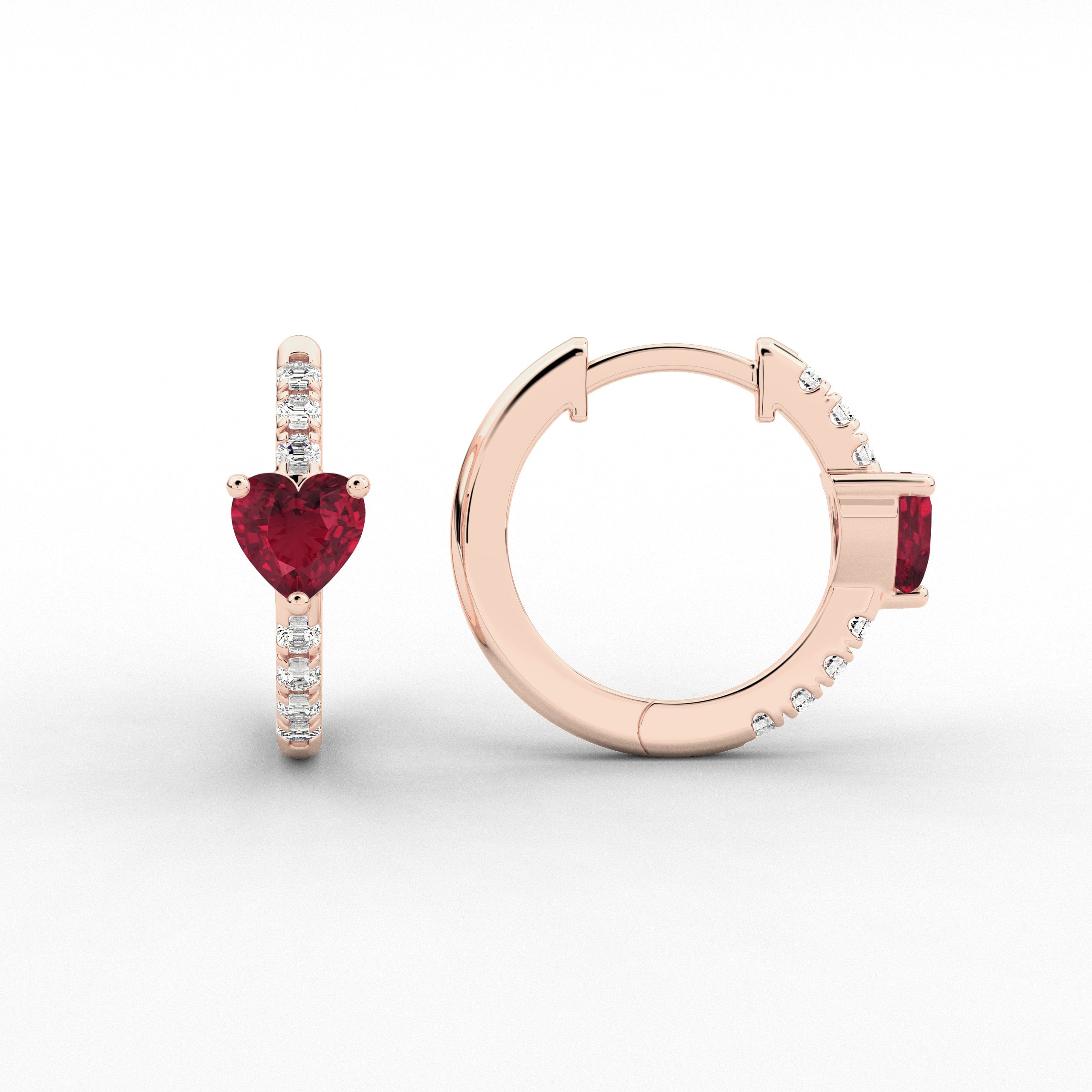 Rose Gold Hoop Earring In Heart And Ruby Cut Moissanite Diamond For Woman