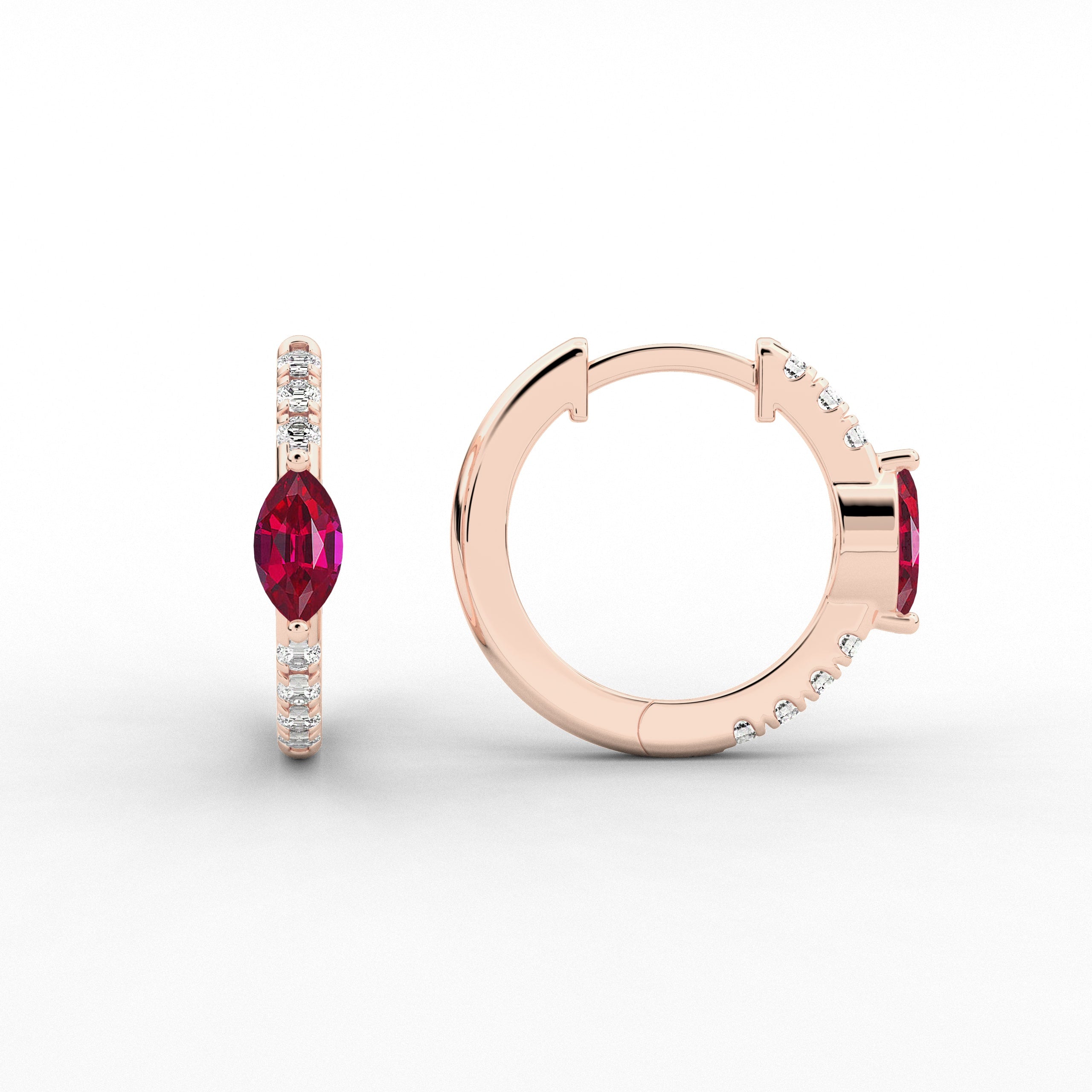 Marquise Cut Moissanite With Ruby Cut Diamond Engagement Hoop Earring In Rose Gold