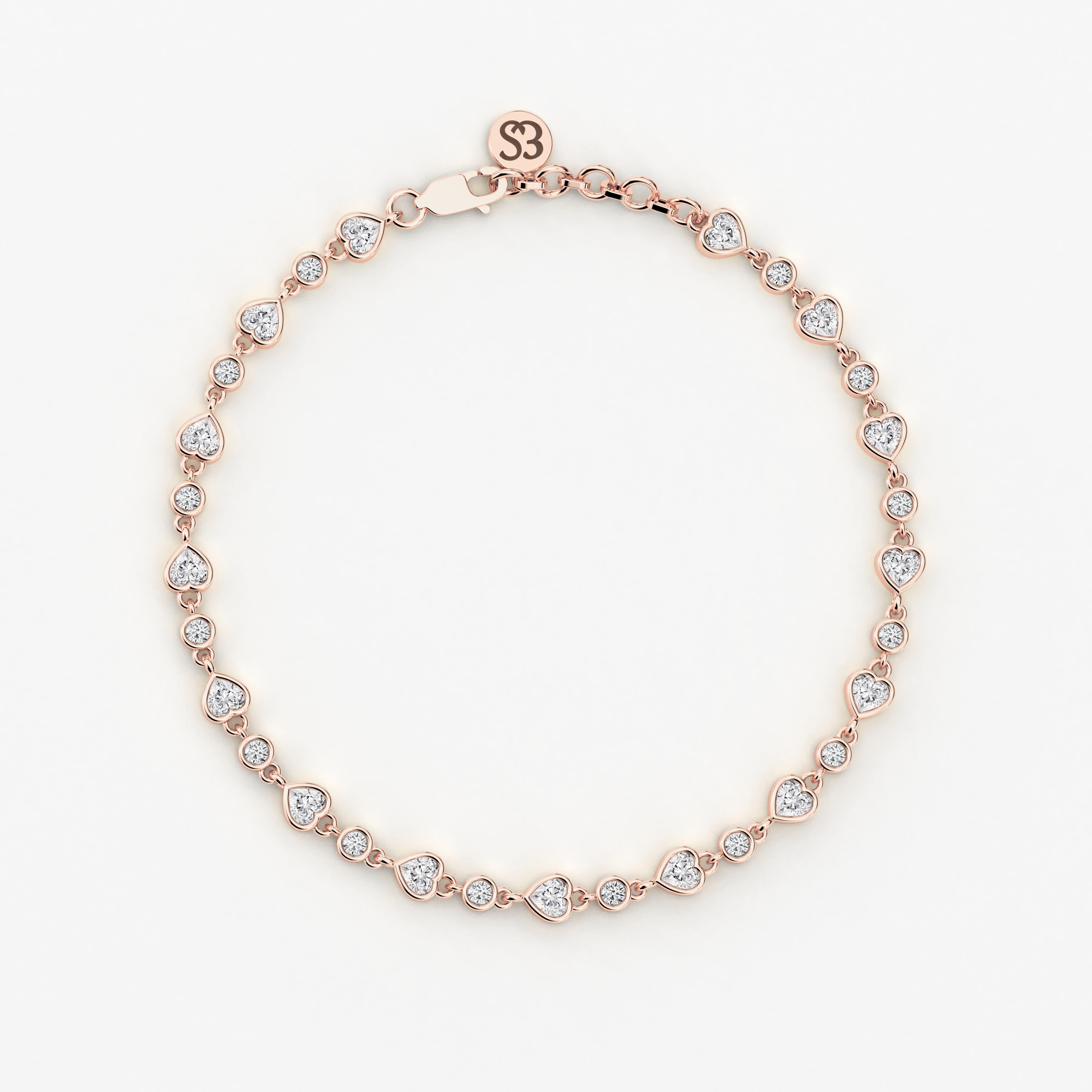 Rose Gold Tennis Bracelet In Heart And Round Moissanite Diamond For Woman