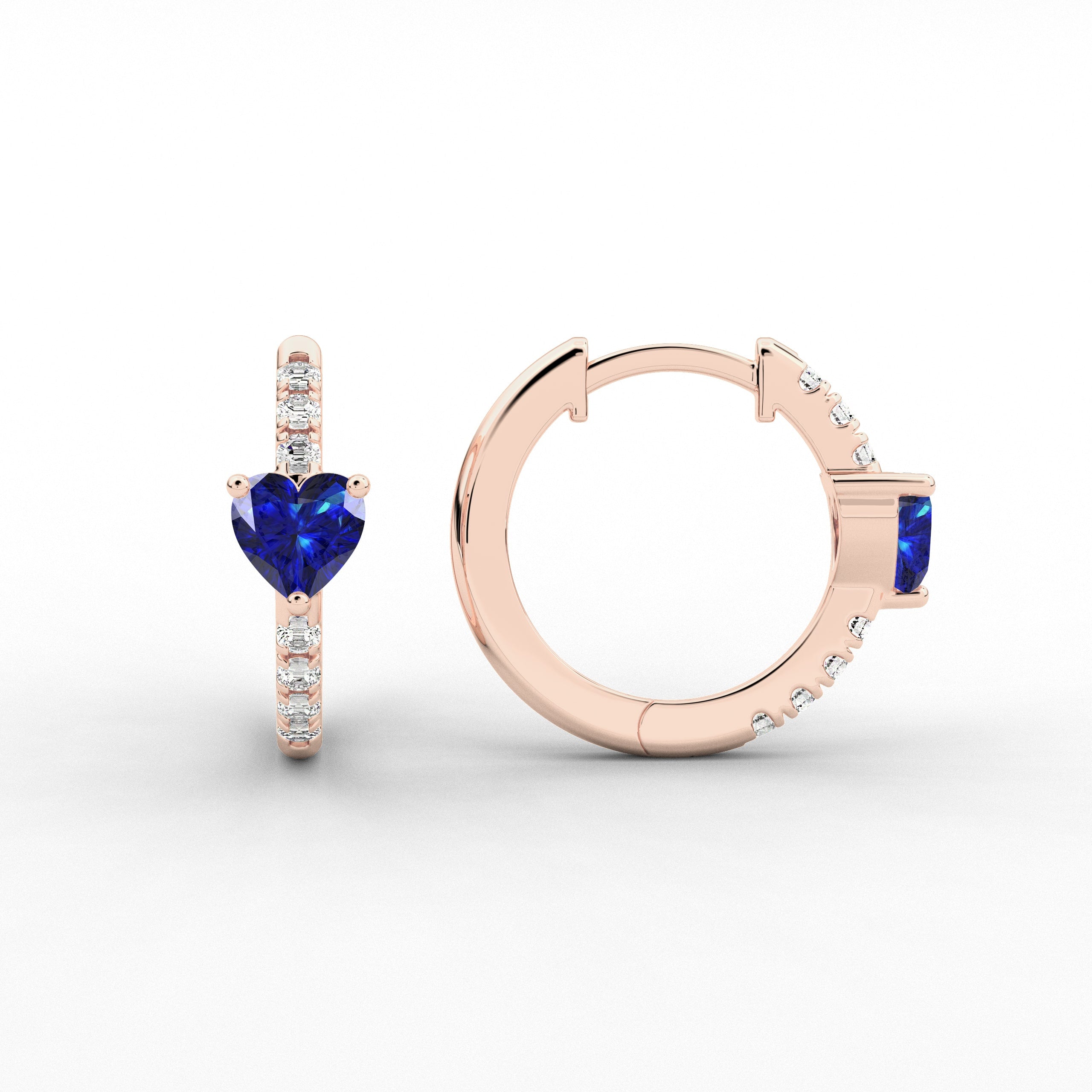 Rose Gold Blue Sapphire In Heart Cut Diamond Hoop Earring
