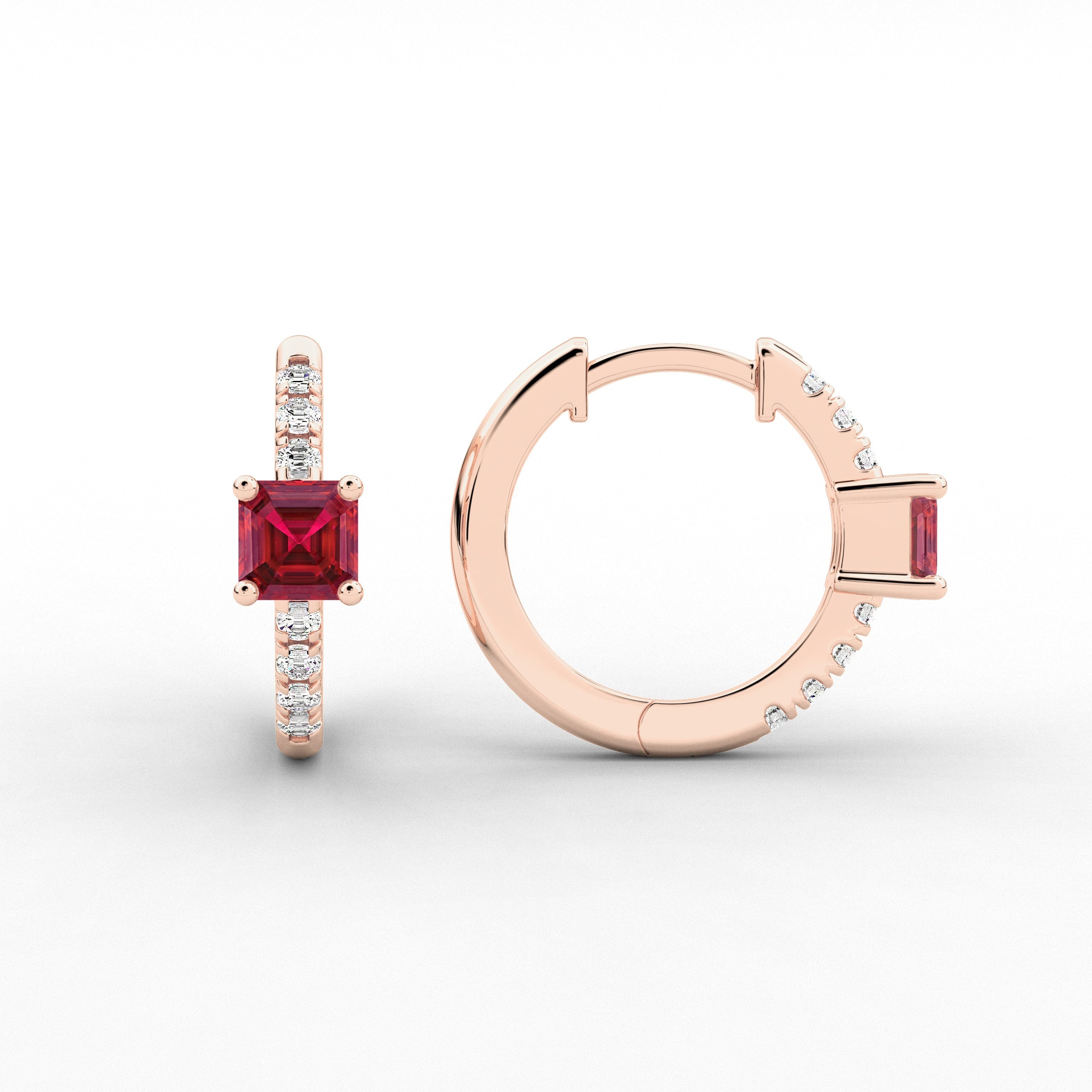 Rose Gold Asscher And Ruby Cut Diamond Engagement Hoop Earring