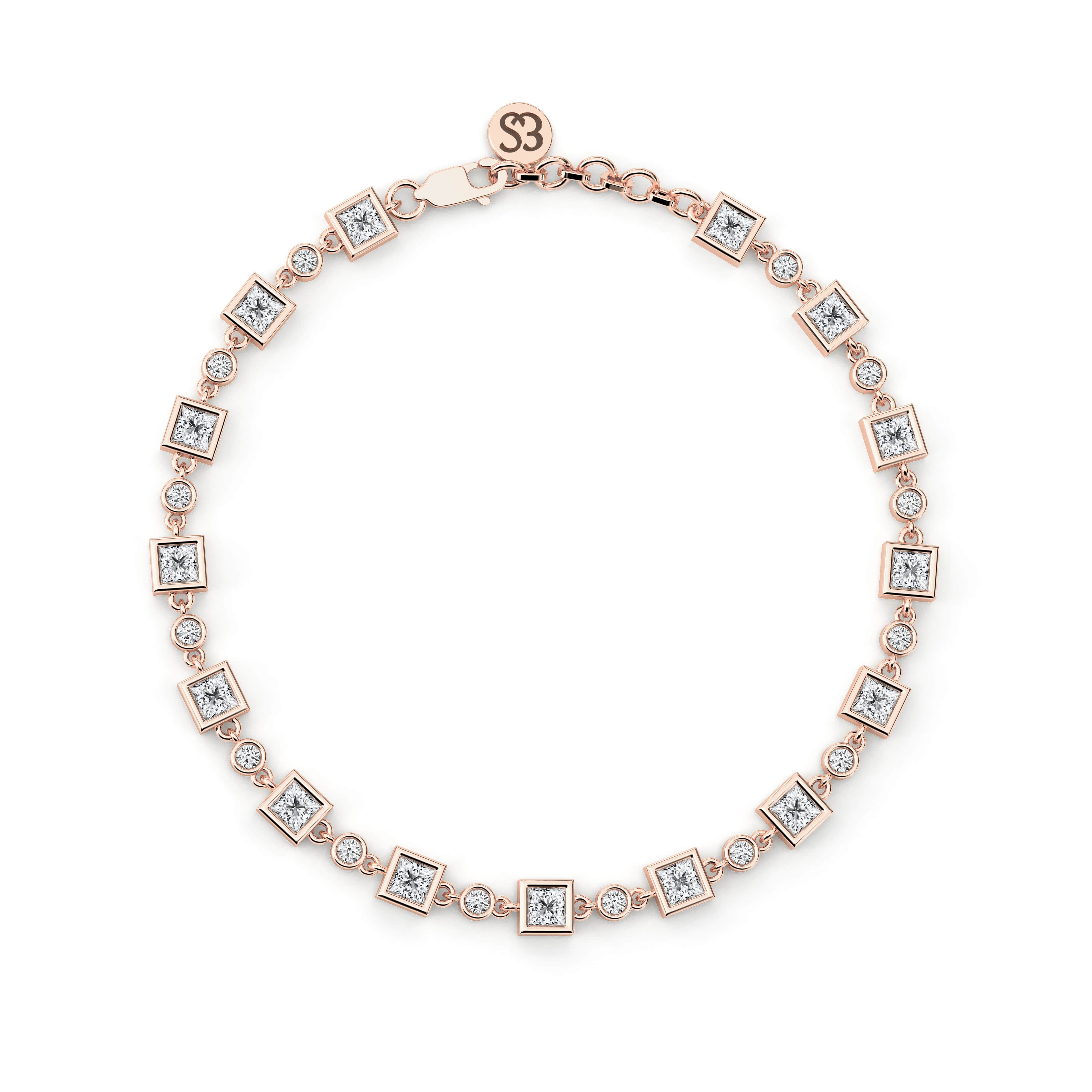 Princess And Round Shape Lab Grown Diamond Bracelet In Rose Gold For Woman 