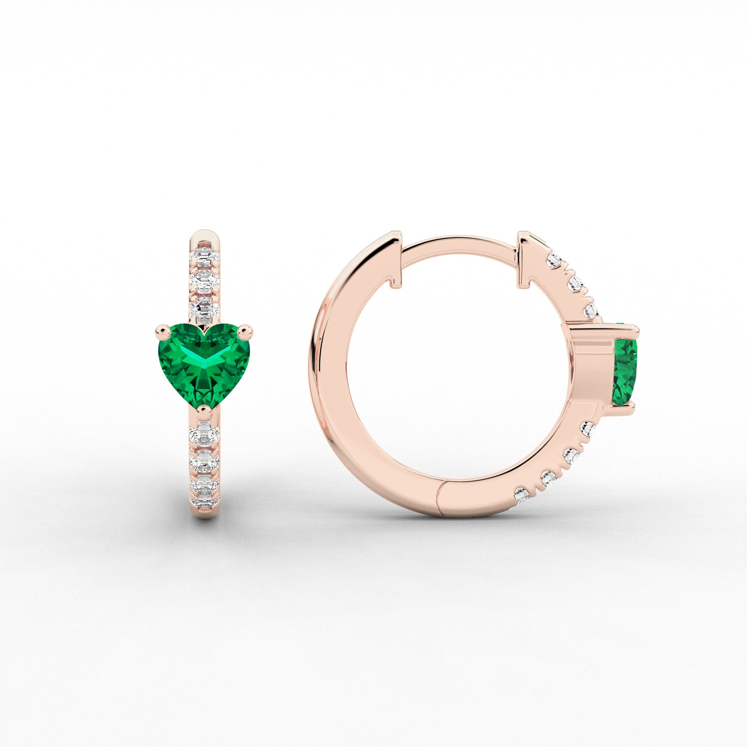 Rose Gold Hoop Earring Heart And Green Emerald Cut Moissanite Diamond Engagement For Woman