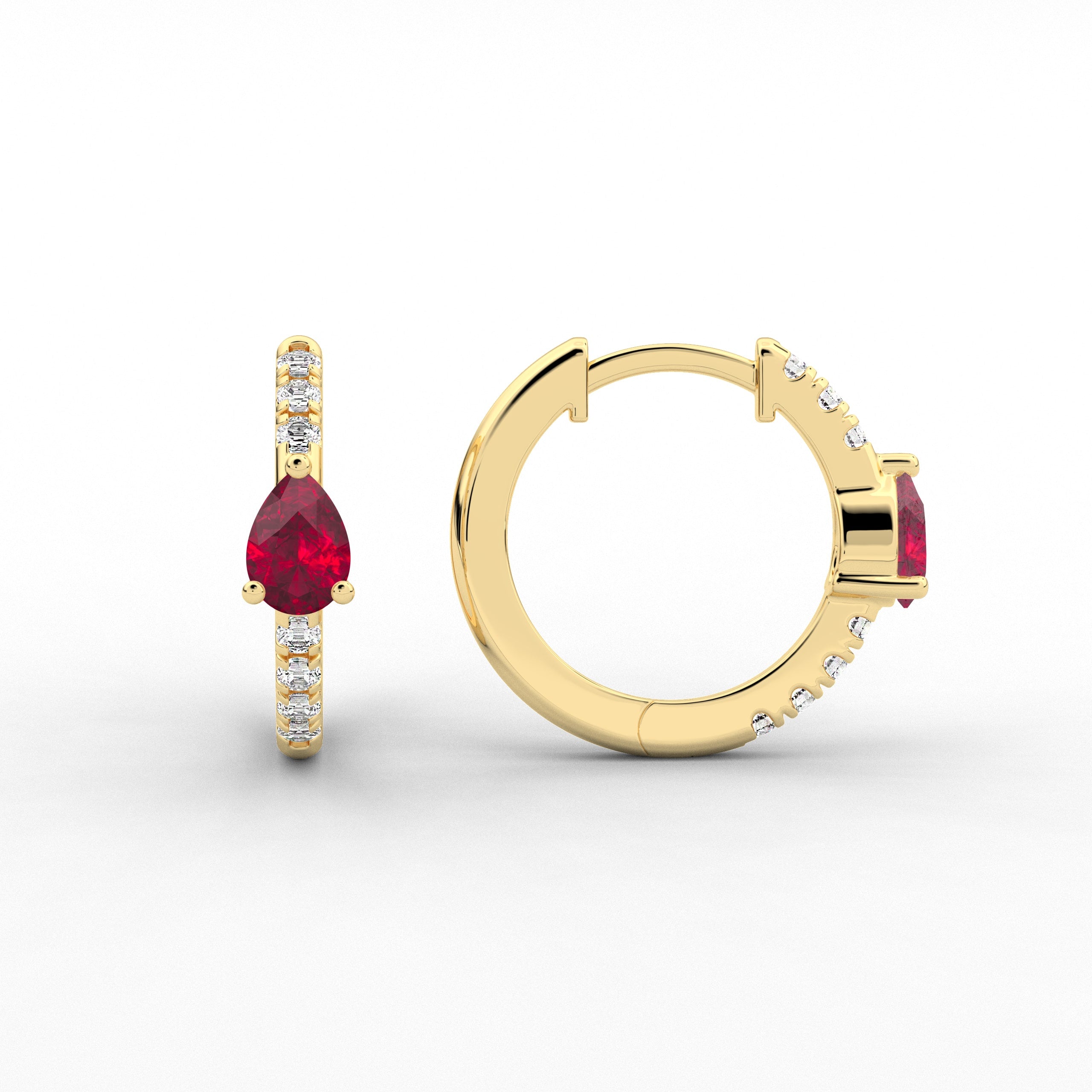 Yellow Gold Pear And Ruby Cut Lab Grown Diamond Engagement Hoop Earring 