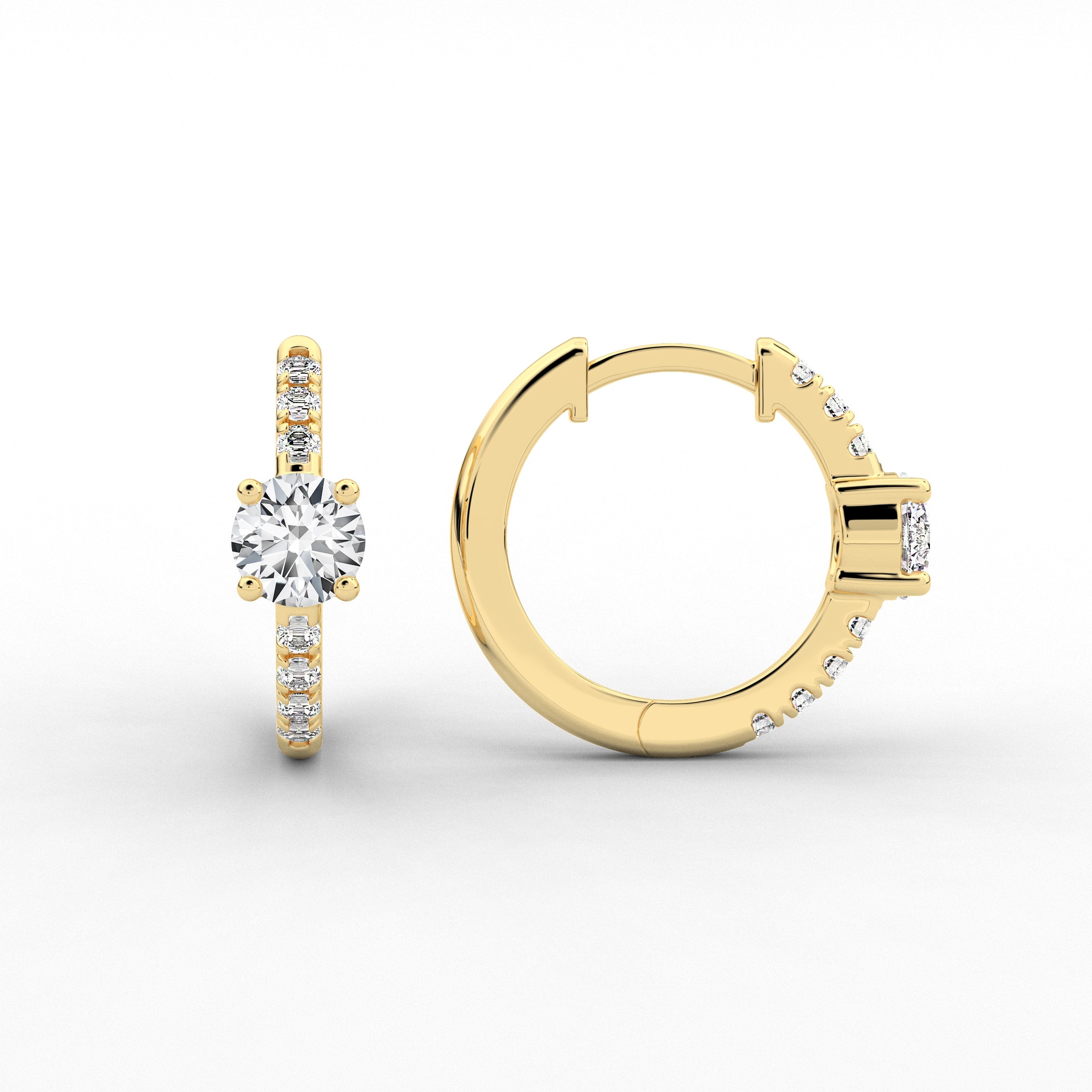 Yellow Gold Hoop Earring In Round Cut Diamond Engagement Gift  